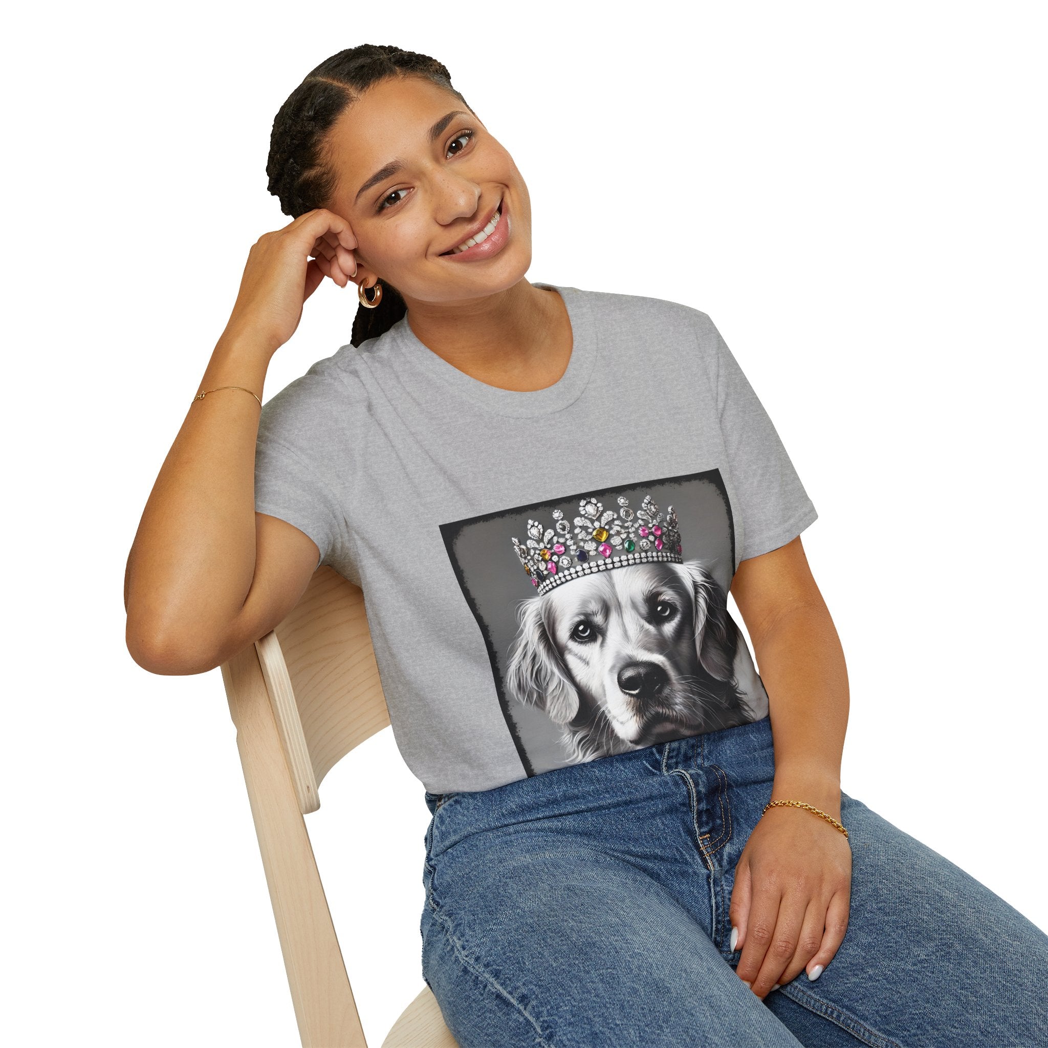 Female model wears sport gray dog t-shirt featuring a black-and-white princess Golden Retriever with jeweled crown on gray background.