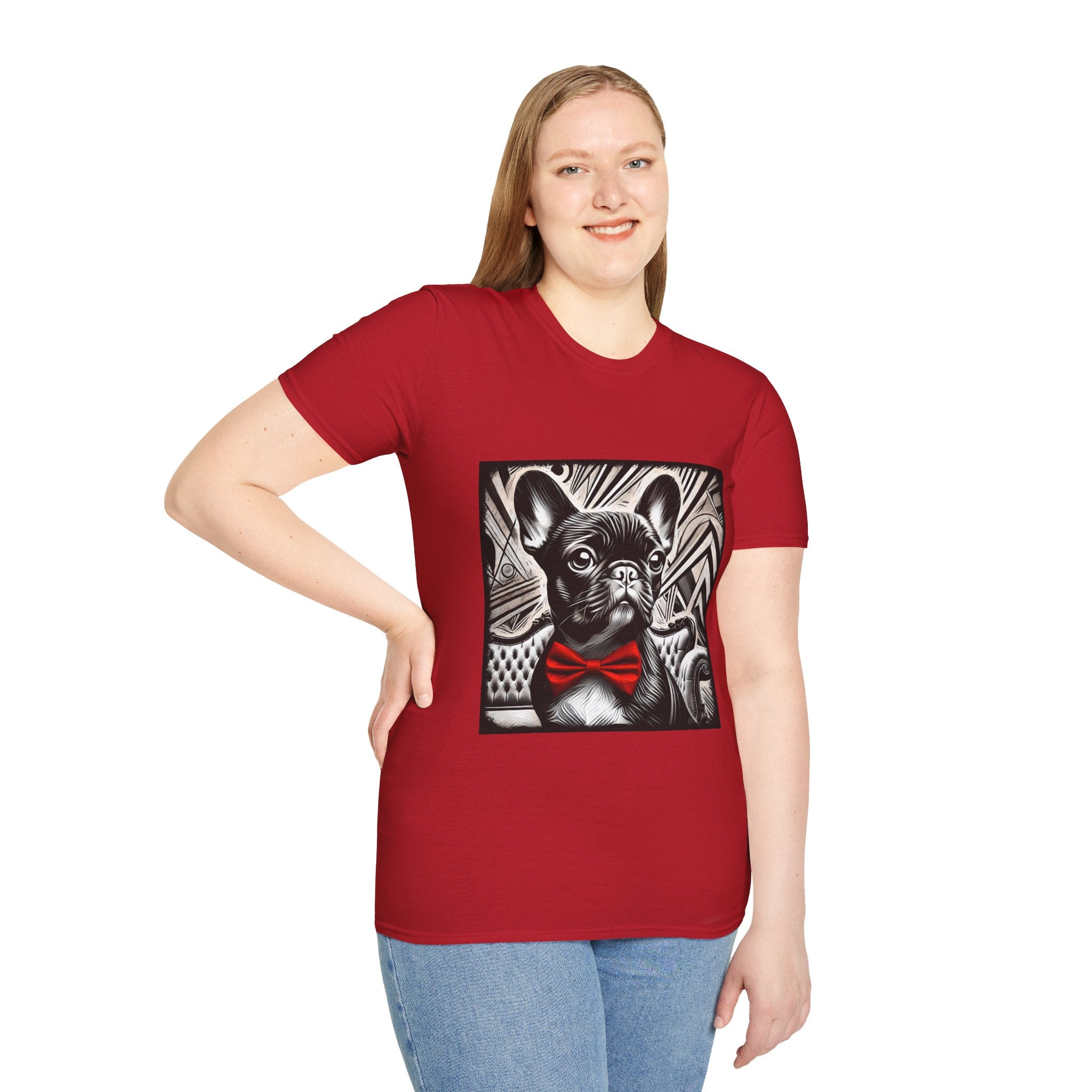 Female model in cherry red dog t-shirt featuring a black and white French Bulldog with a bold red bow tie and art deco backdrop.