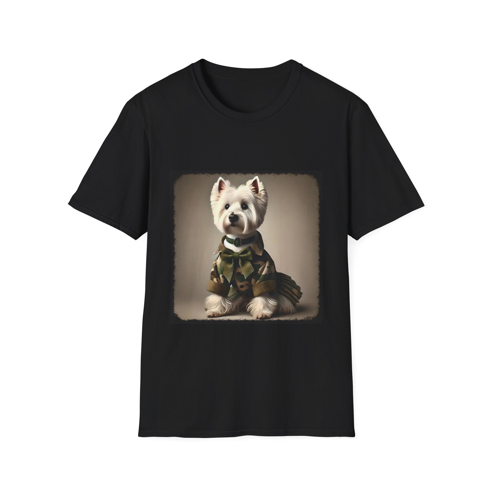 Black dog t-shirt featuring Westie in camouflage jacket and pleated skirt against neutral backdrop.