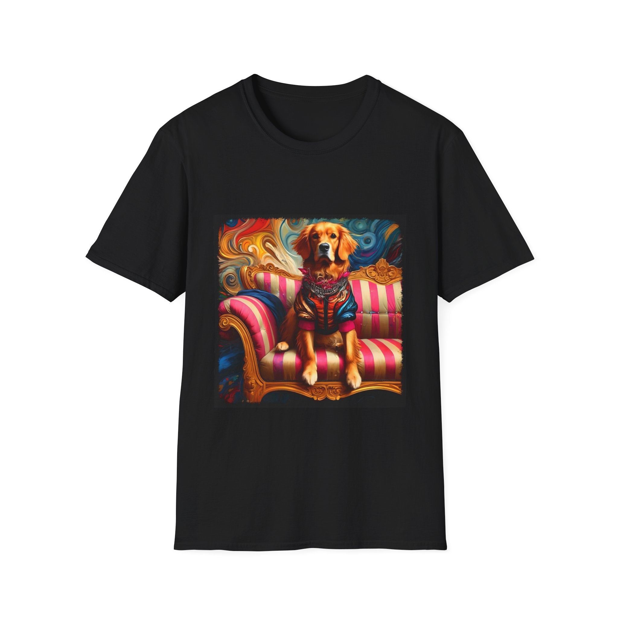 Black dog t-shirt with golden retriever in regal jacket on pink striped settee, swirled backdrop.