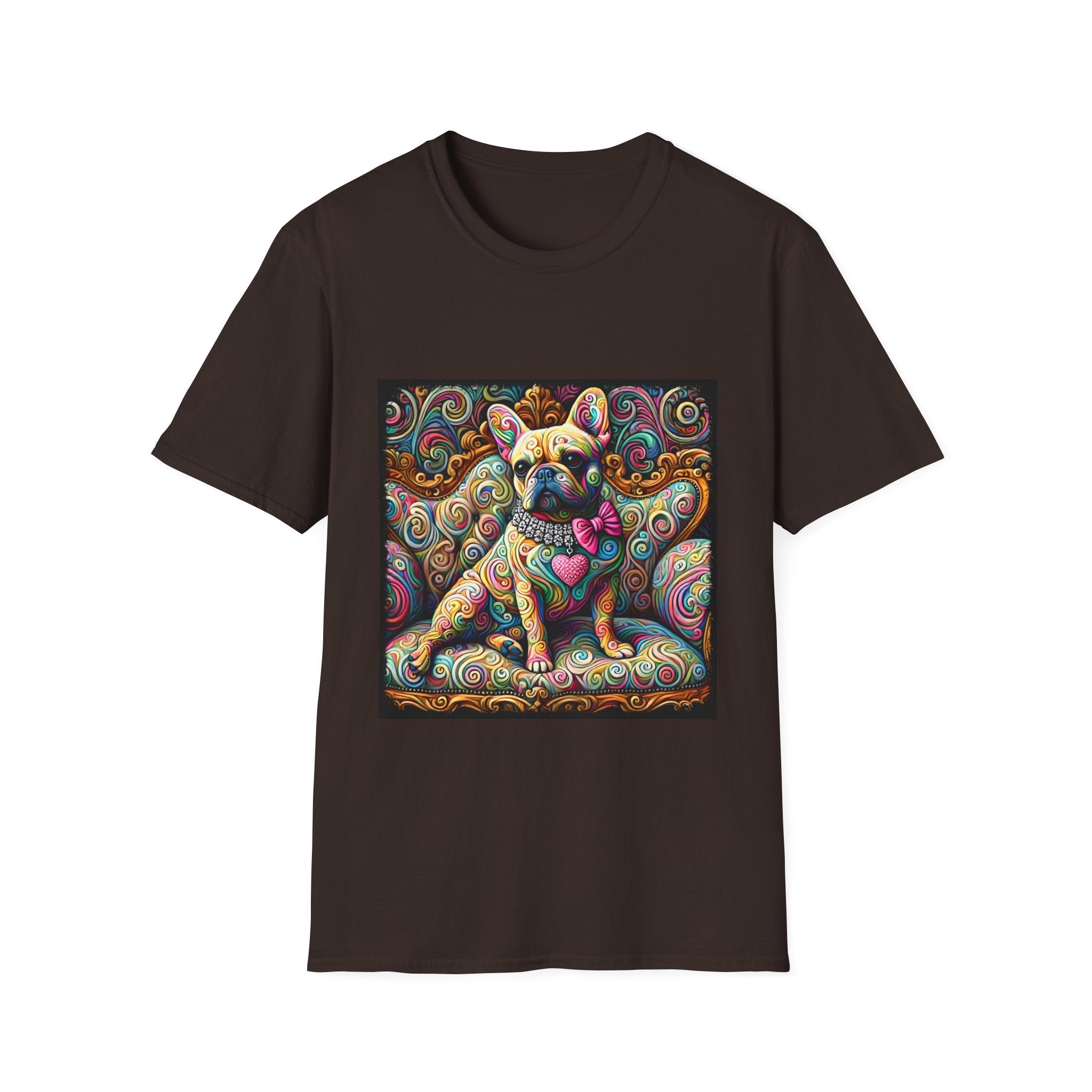 Dark chocolate dog t-shirt featuring a tan French Bulldog with pink bow and heart on a vivid rainbow swirl couch.