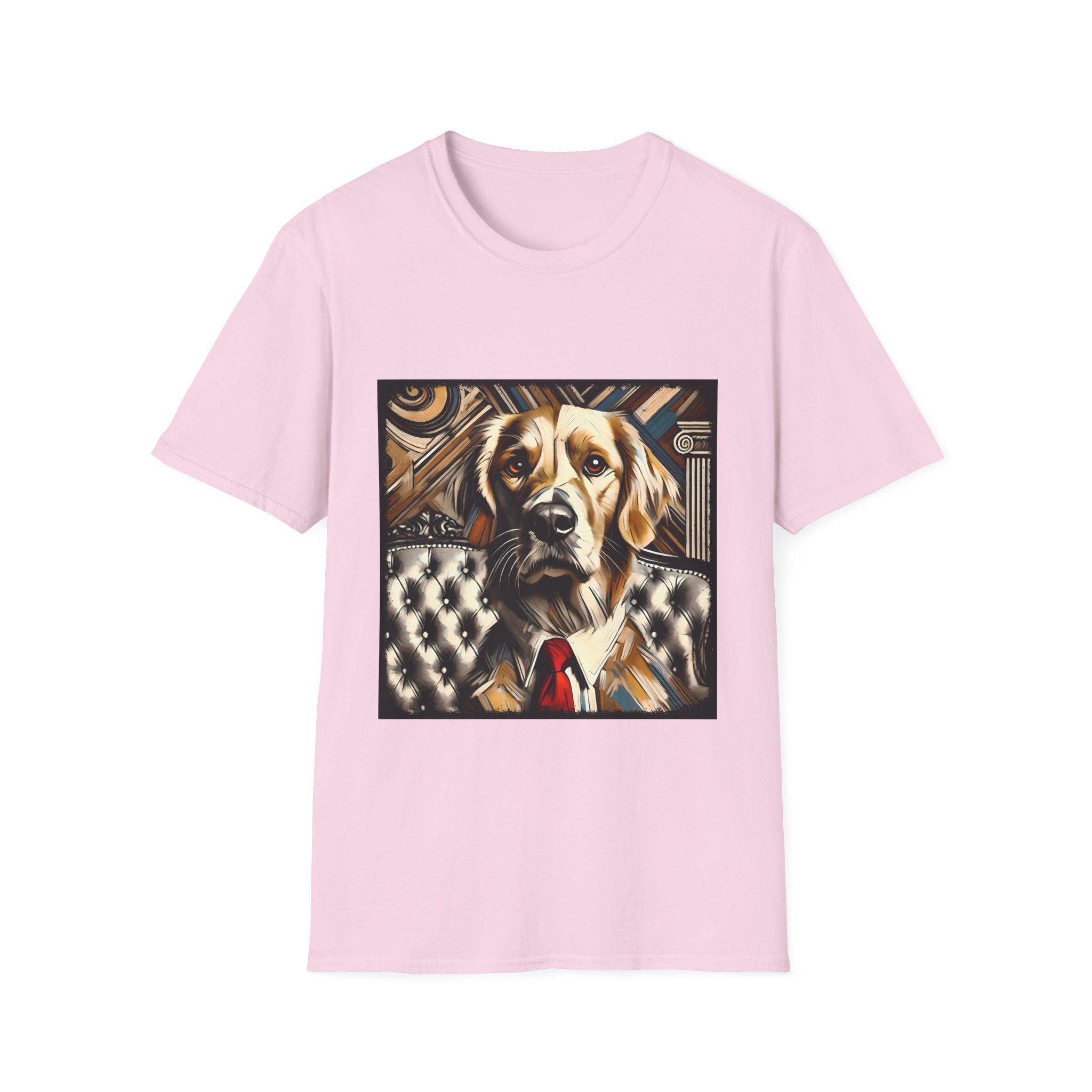 Pink dog t-shirt featuring golden retriever in suit and red tie, seated on tufted chair with abstract backdrop.
