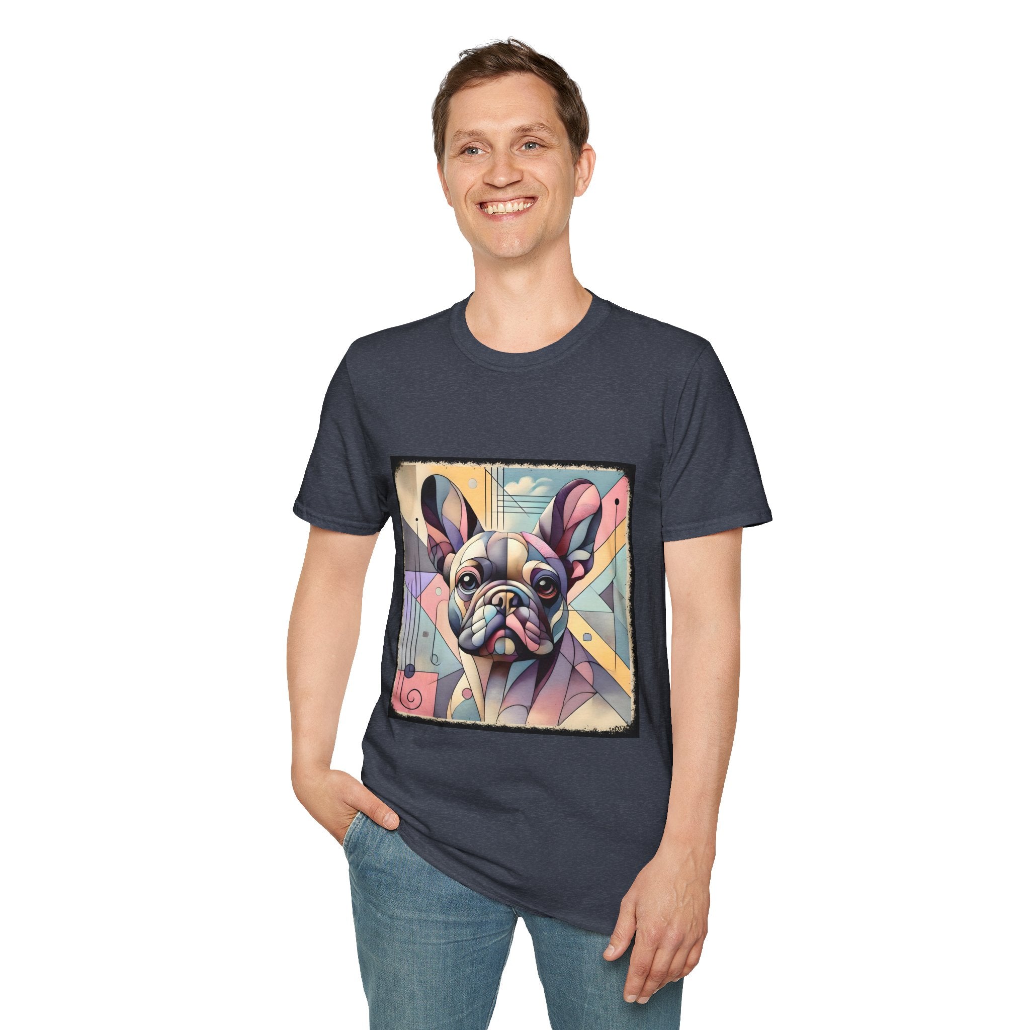 Smiling man in heather navy shirt with Cubism-style French Bulldog design in soft pastel colors and abstract shapes.