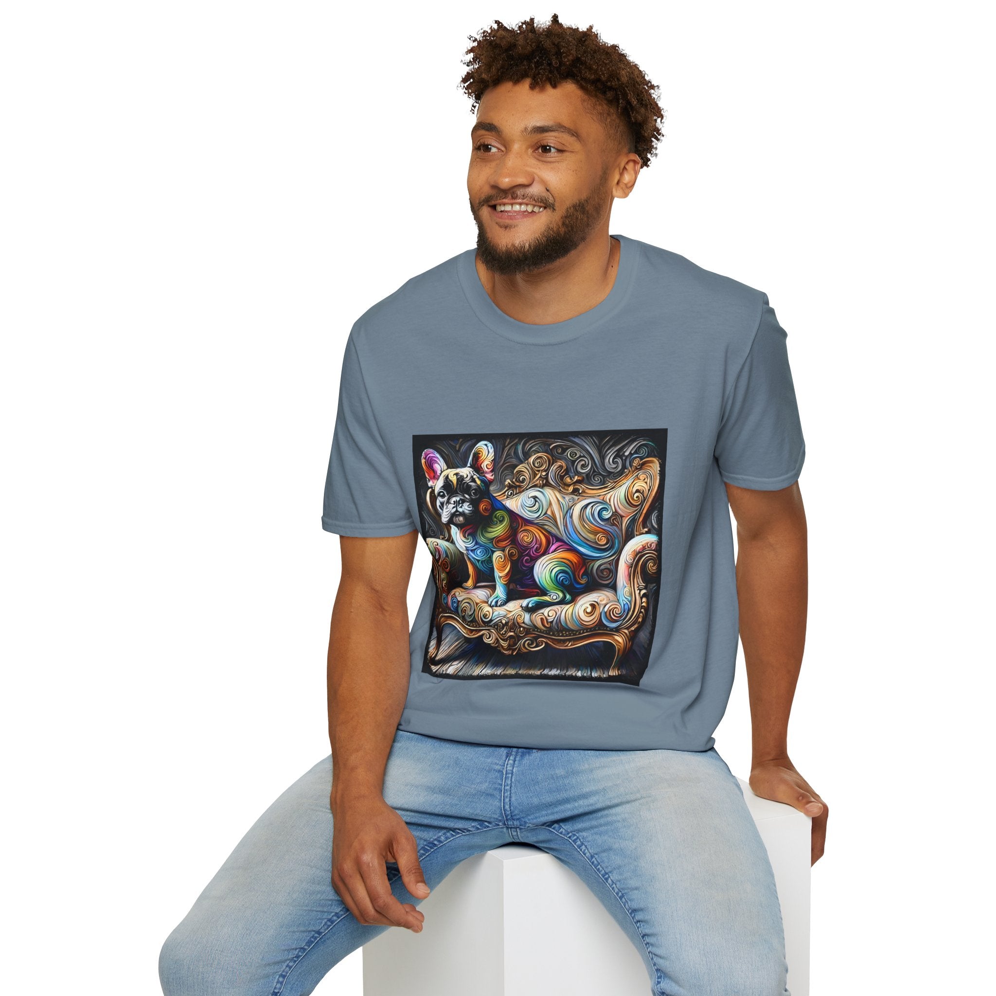 Male model in stone blue t-shirt featuring rainbow French Bulldog on golden settee with swirl pattern, expressionism style.