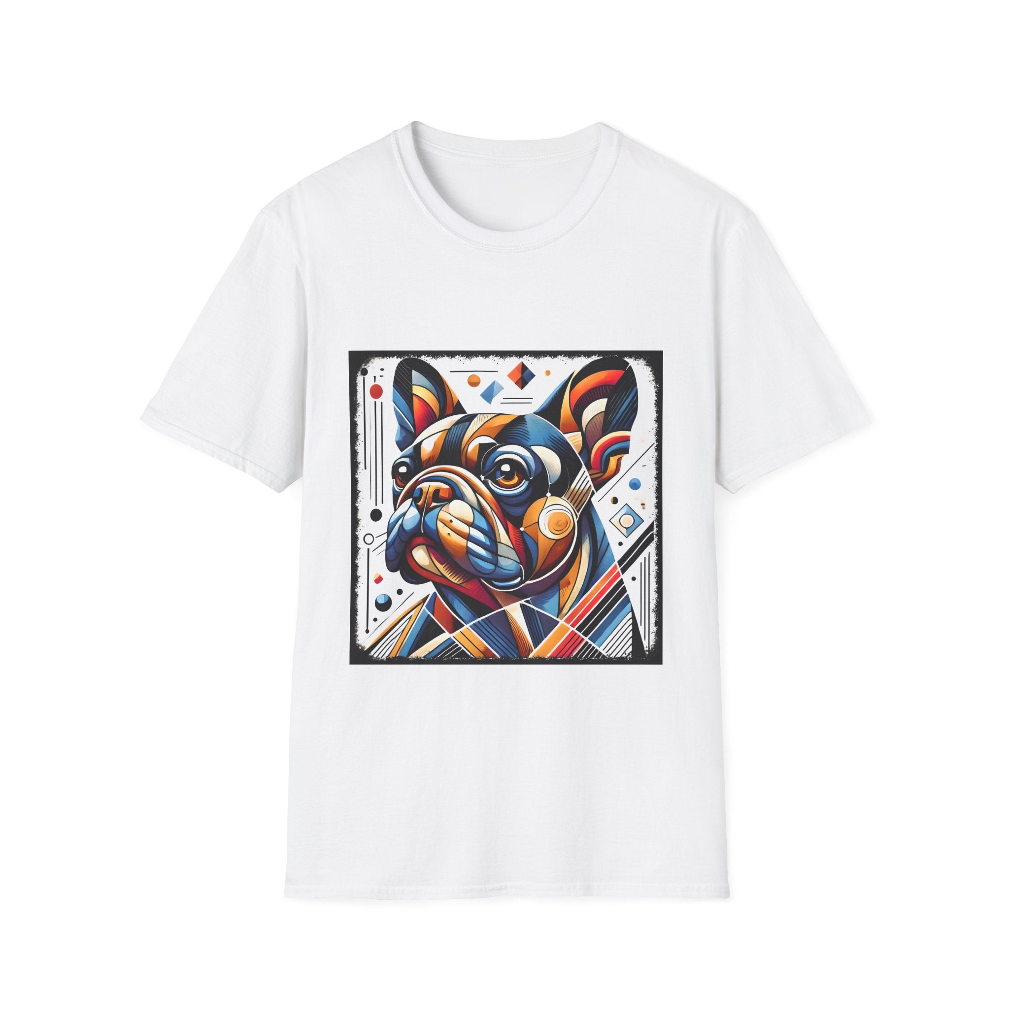 White dog t-shirt featuring geometric-style French Bulldog in vivid orange, blue, and red against a white abstract background.