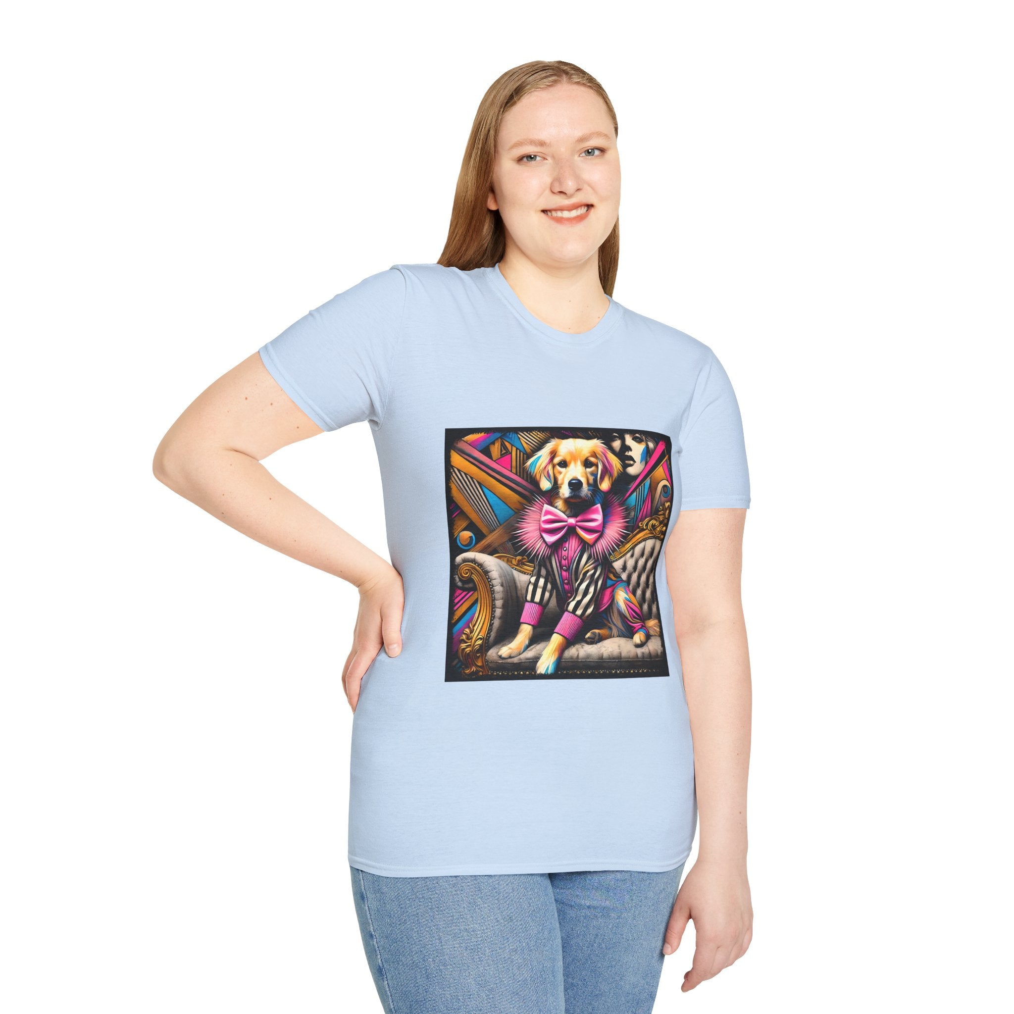 Female in light blue dog t-shirt with golden retriever in striped outfit and pink bow on bold pop-art settee.