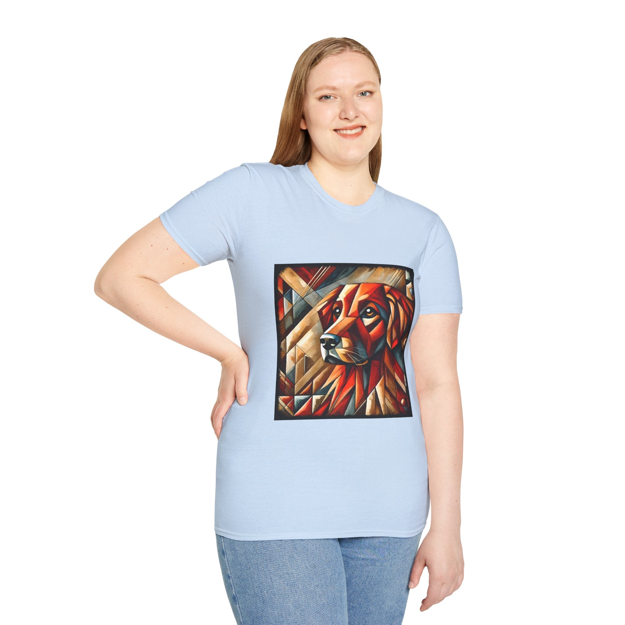 Female model in light blue dog t-shirt featuring red geometric golden retriever portrait in cubist style with bold angles.