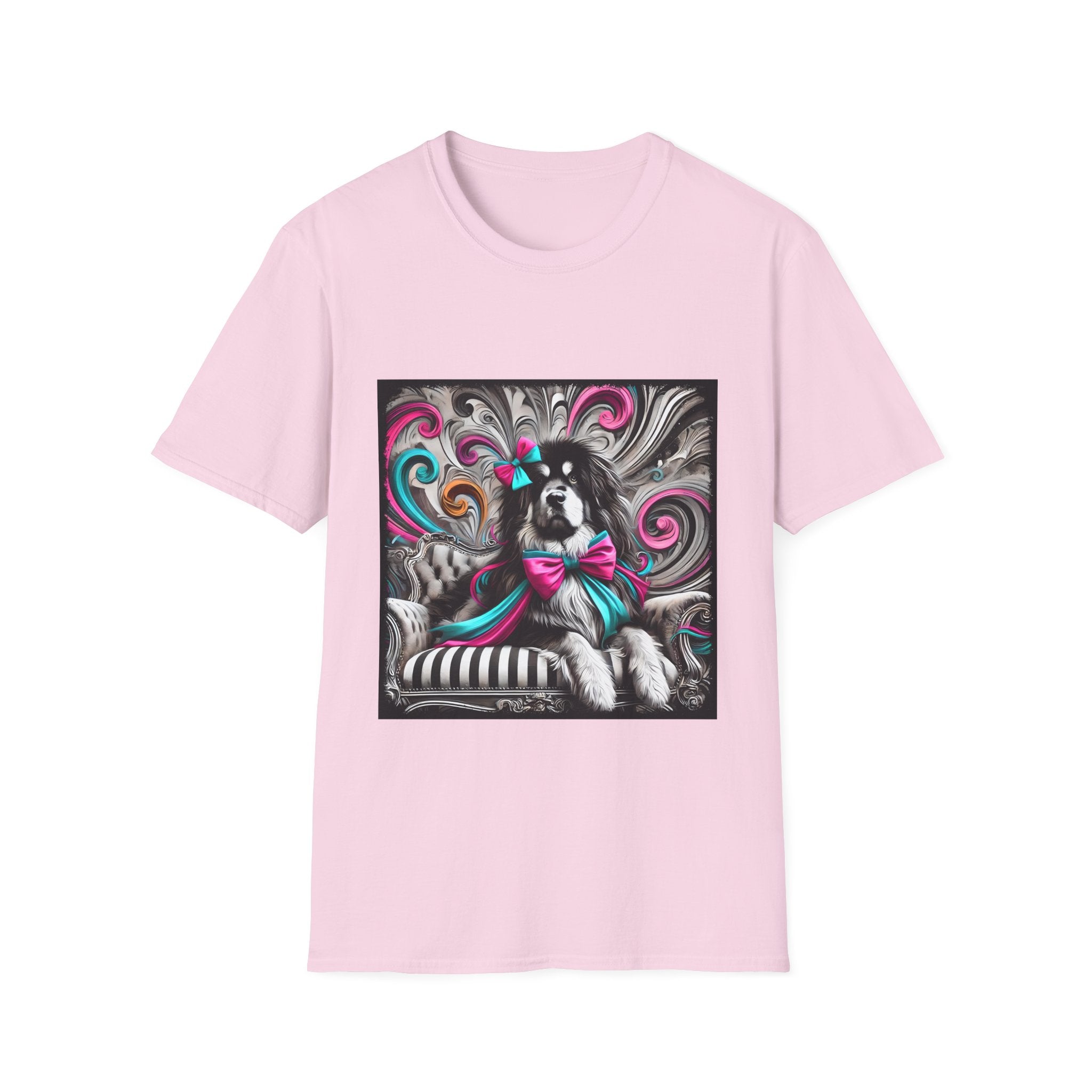 Tibetan Mastiff B&W Pink and Teal Bow | Unisex Dog T-Shirt