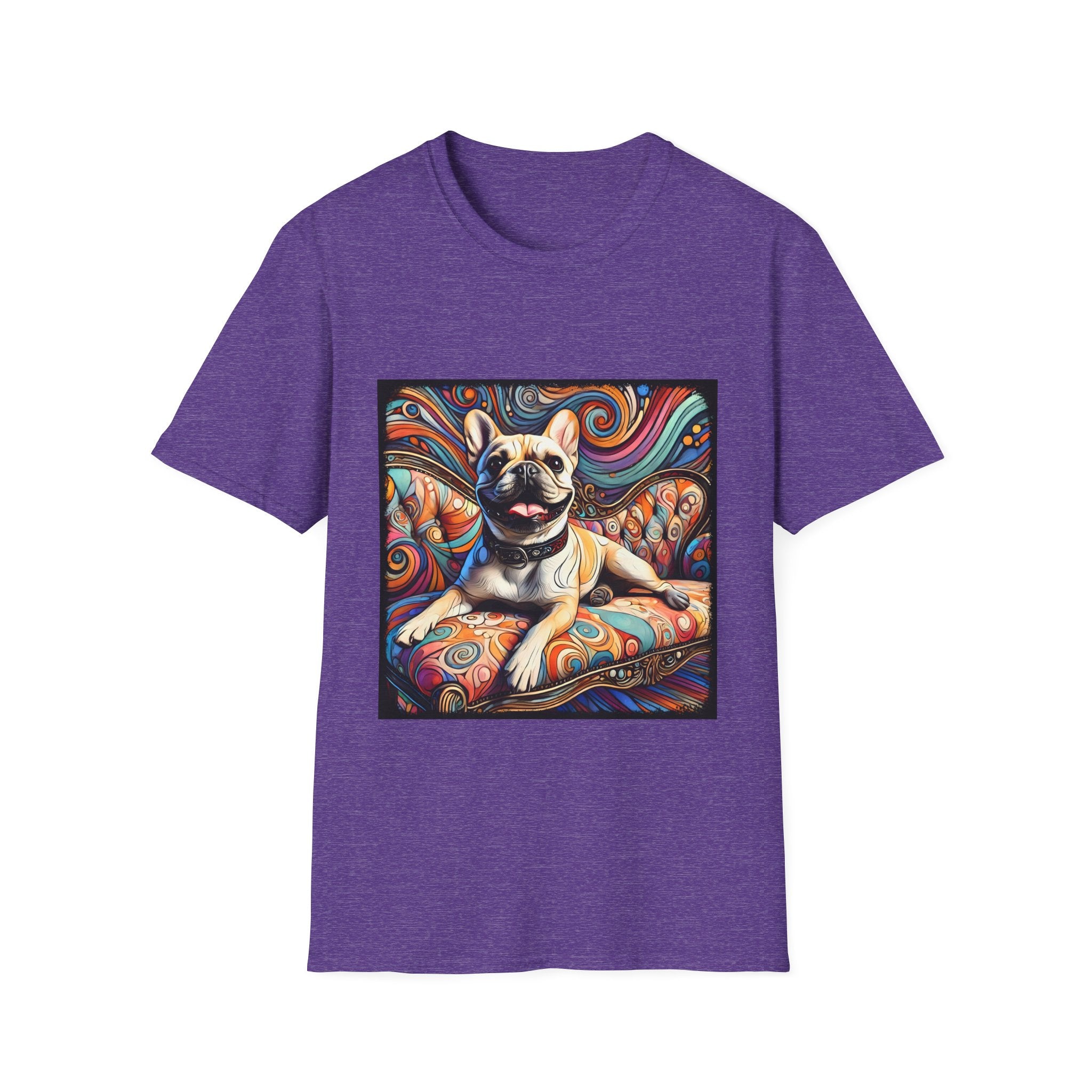Heather purple dog t-shirt featuring fawn French Bulldog with collar lounging on colorful swirl settee with vivid abstract background.