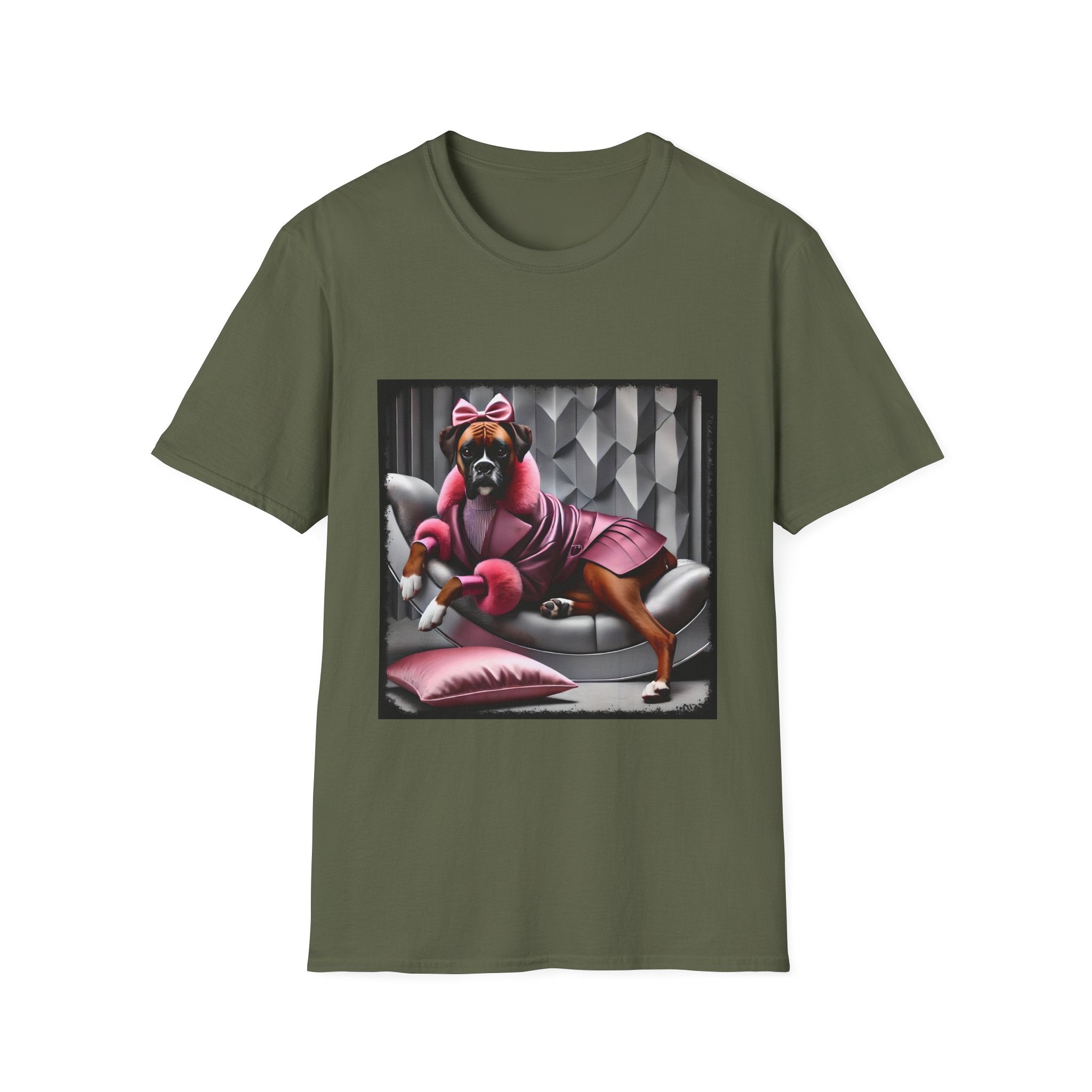 Military green dog t-shirt featuring boxer in pink bow and pleated pink coat lounging on silver settee.