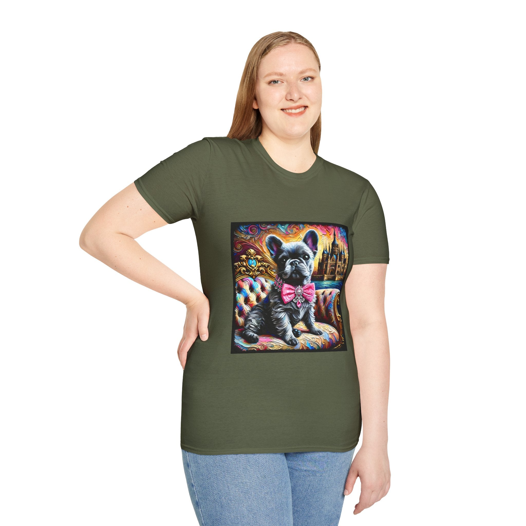 Smiling female wearing military green dog t-shirt featuring black French Bulldog in pink bow on ornate settee with colorful castle swirl background.
