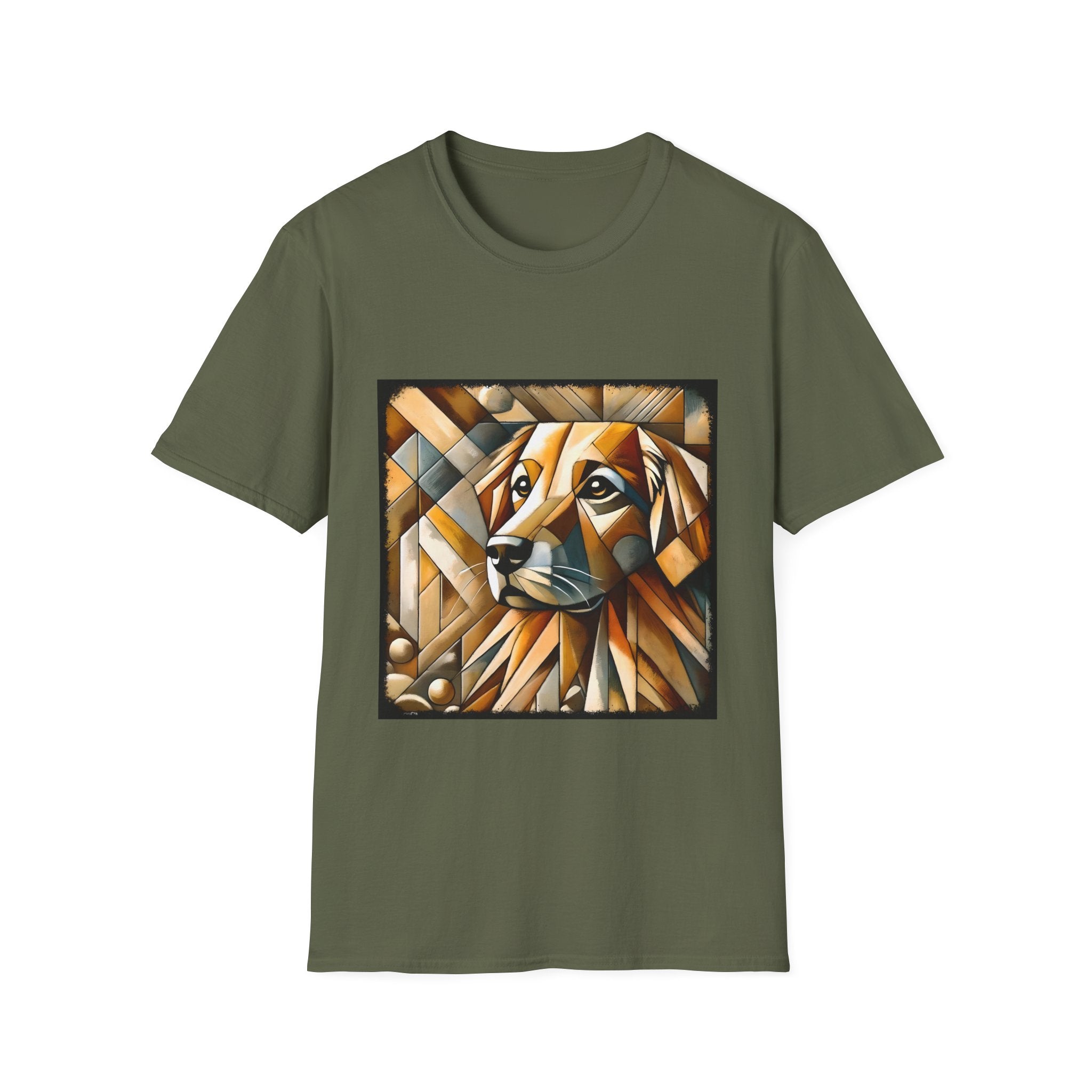 Military green dog t-shirt featuring golden retriever in geometric cubist style with warm amber and tan tones.