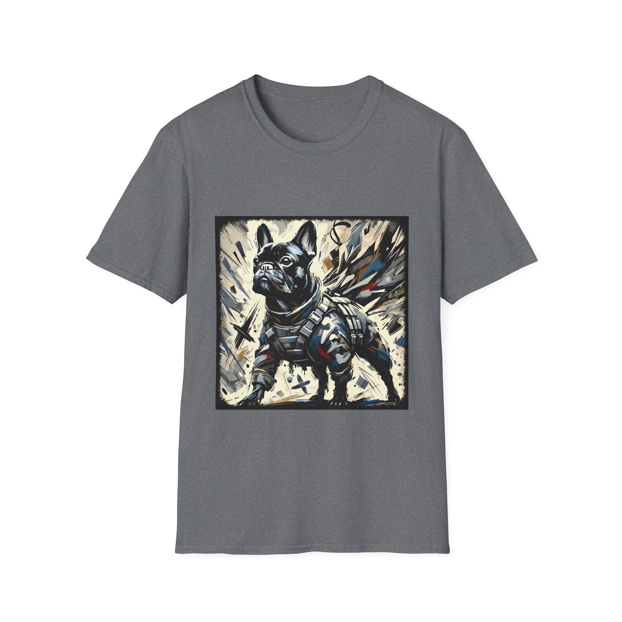 Graphite heather dog t-shirt featuring heroic black French Bulldog in battle armor, set against abstract explosive strokes.