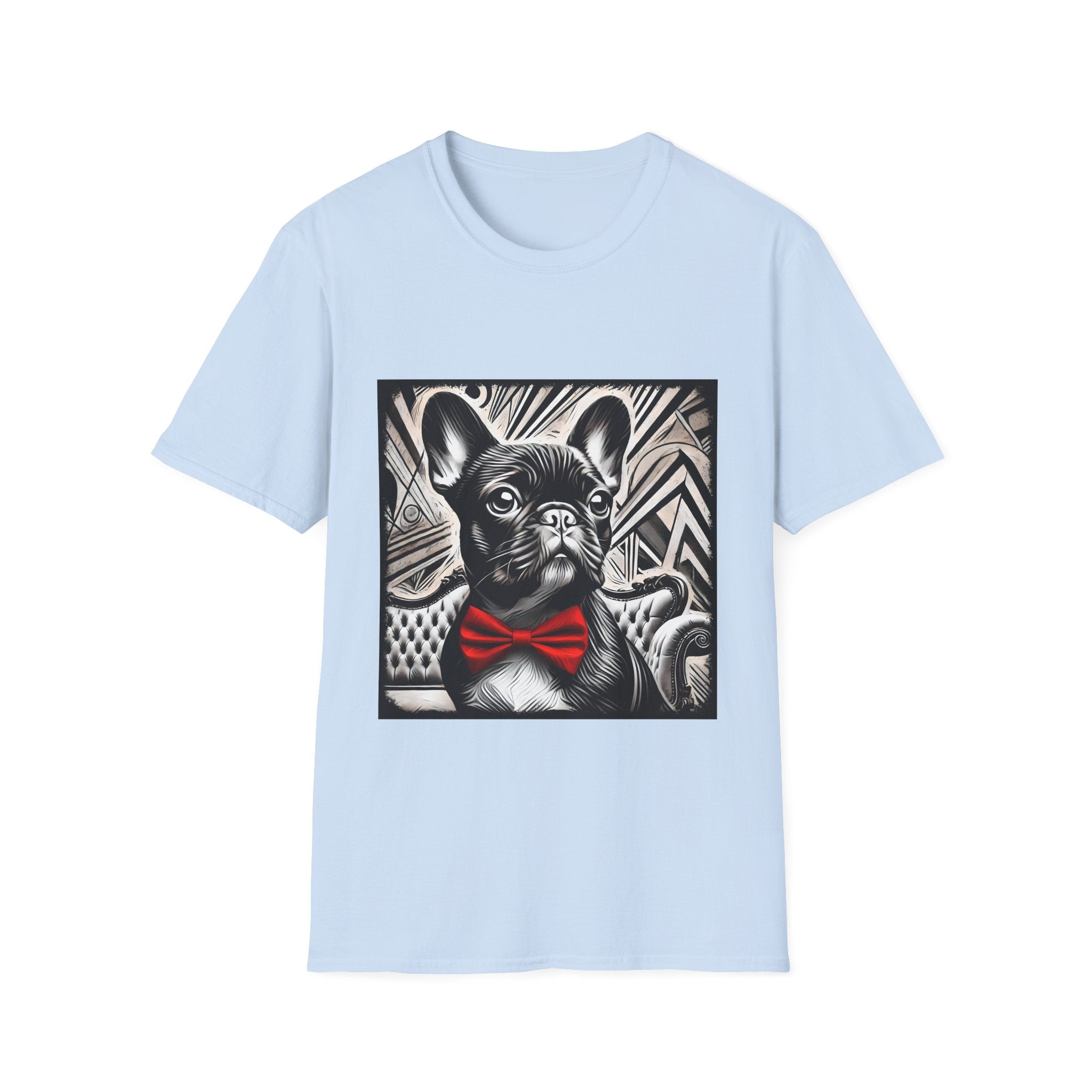 Light blue dog t-shirt featuring a black and white French Bulldog with a bold red bow tie and art deco backdrop.