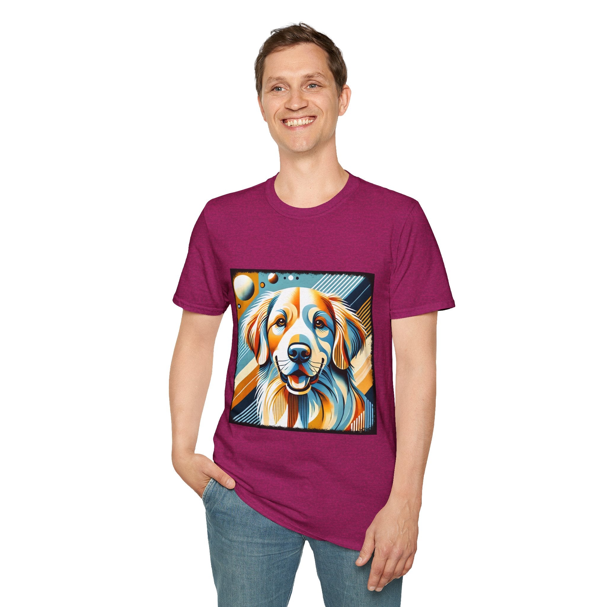 Male model in heather raspberry dog t-shirt featuring smiling golden retriever in abstract pop style with blue, orange, and cream tones.