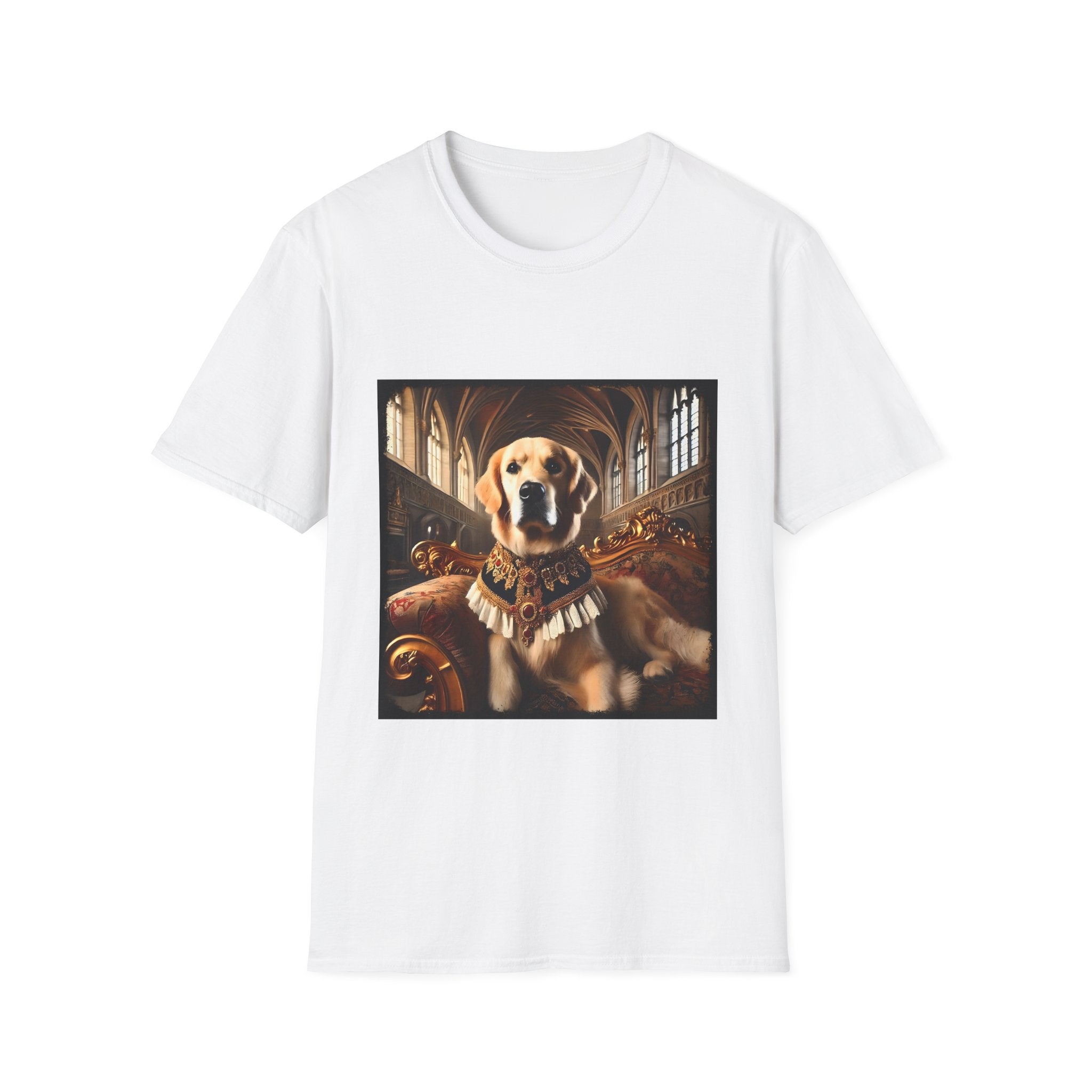 White dog t-shirt featuring golden retriever in royal collar on ornate settee in gothic hall.