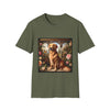 Military green dog t-shirt featuring golden retriever in garden scene with roses, archway, and butterfly.