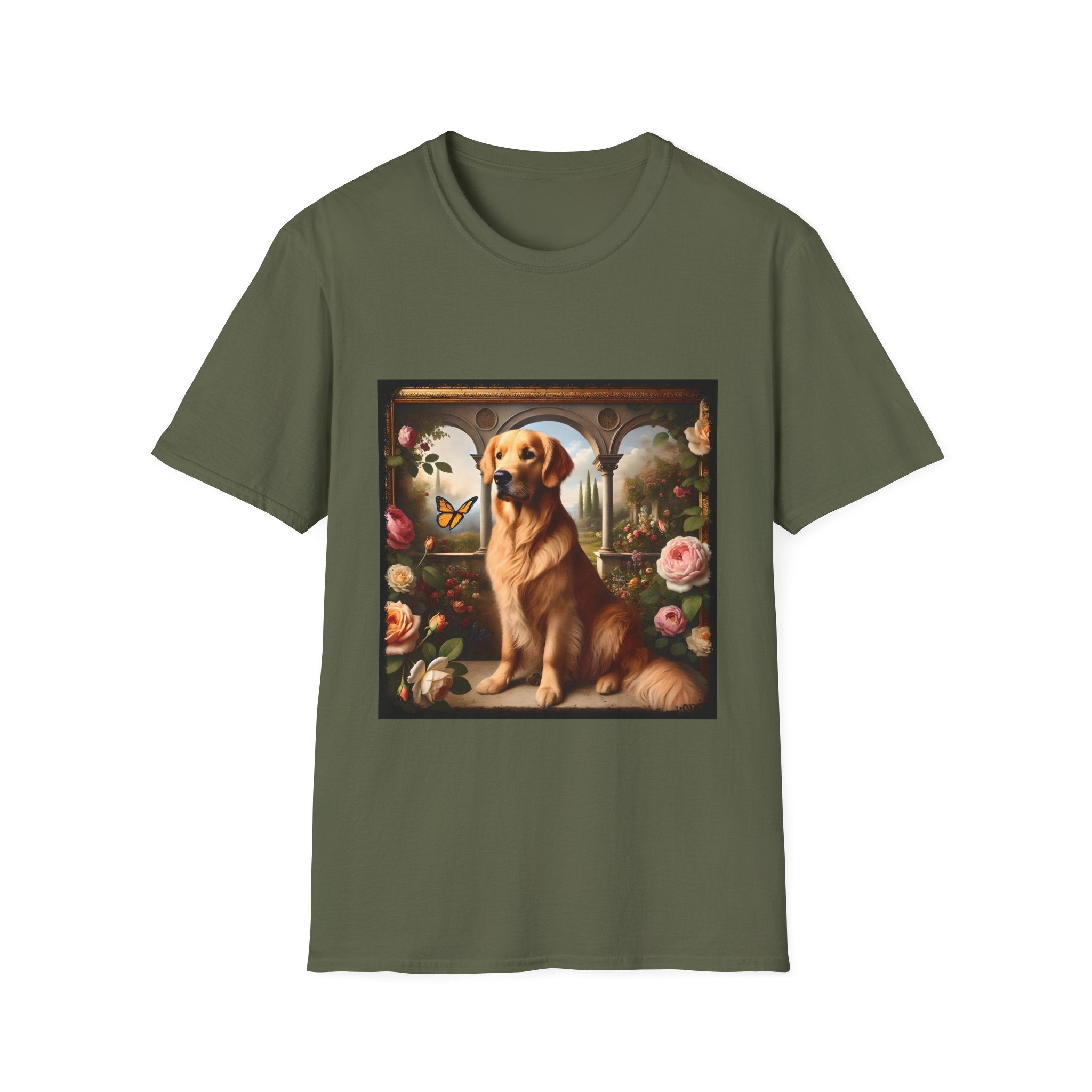 Military green dog t-shirt featuring golden retriever in garden scene with roses, archway, and butterfly.