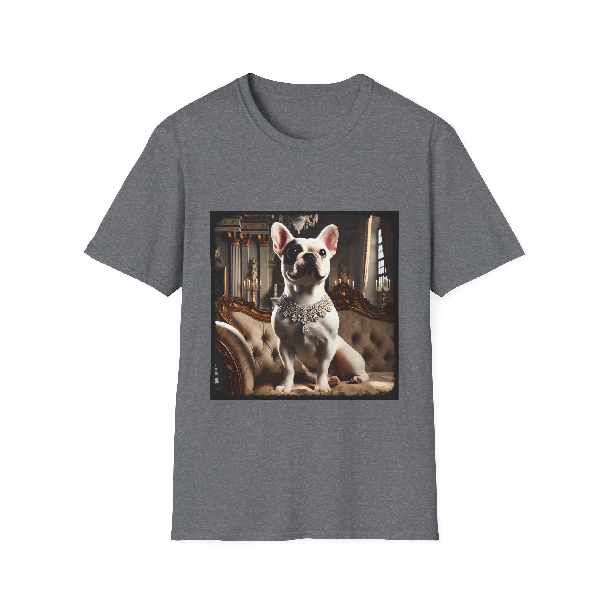 Graphite gray dog t-shirt featuring white French Bulldog wearing jeweled necklace, seated on tufted settee in elegant palace setting.