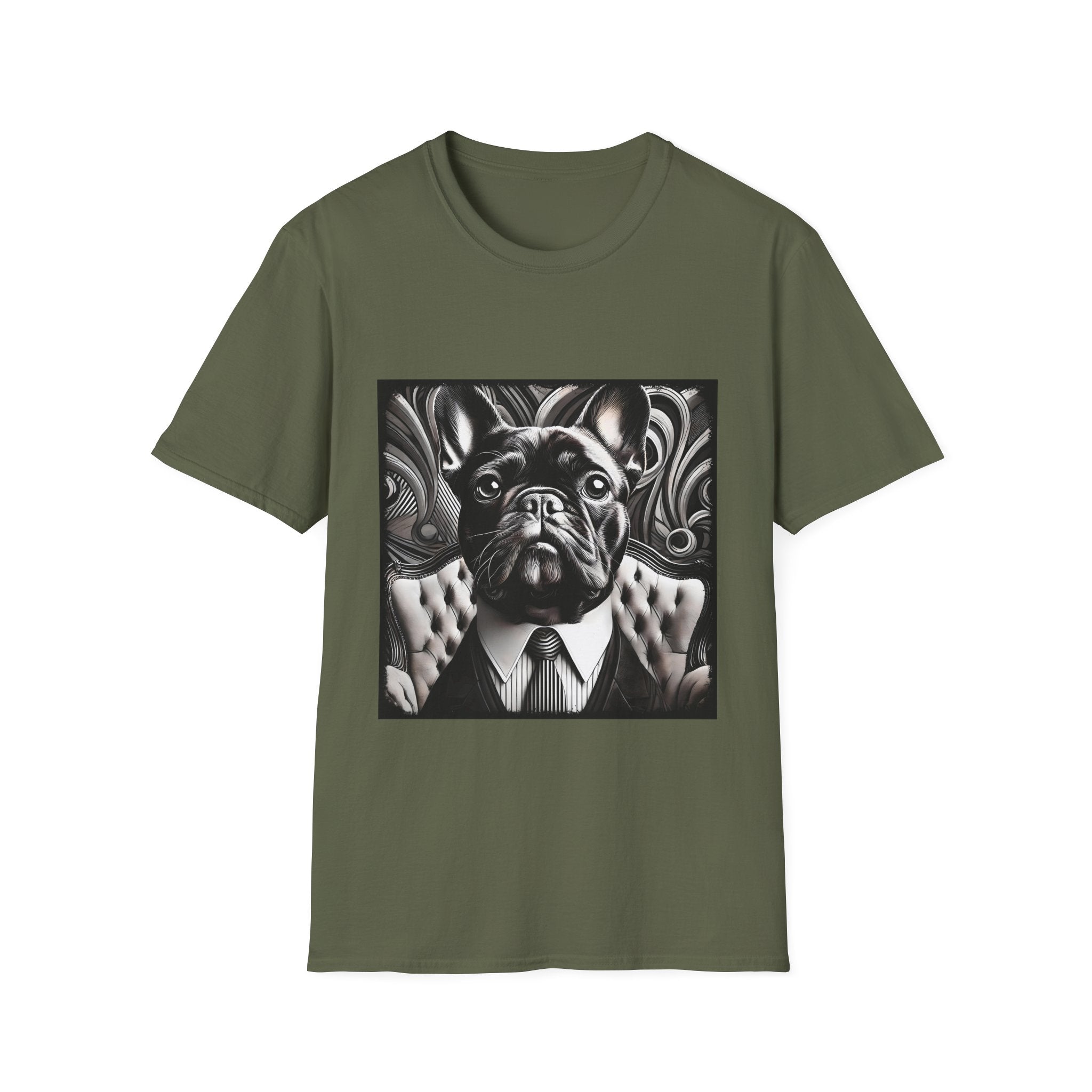 Military green dog t-shirt featuring black French Bulldog in suit with swirl background, monochrome style.