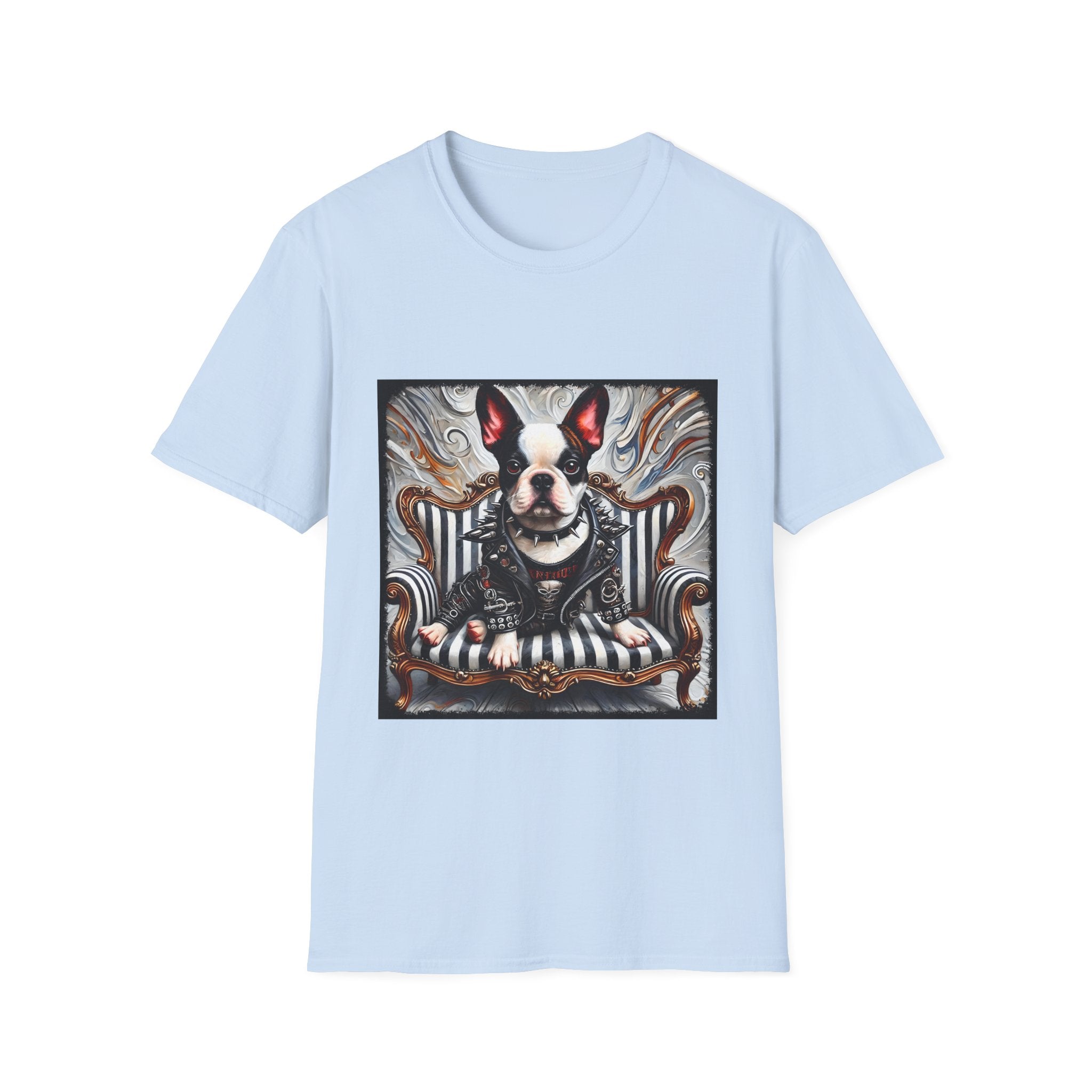 Light blue dog t-shirt featuring Boston Terrier in leather studded jacket on striped chair with metallic swirl background.
