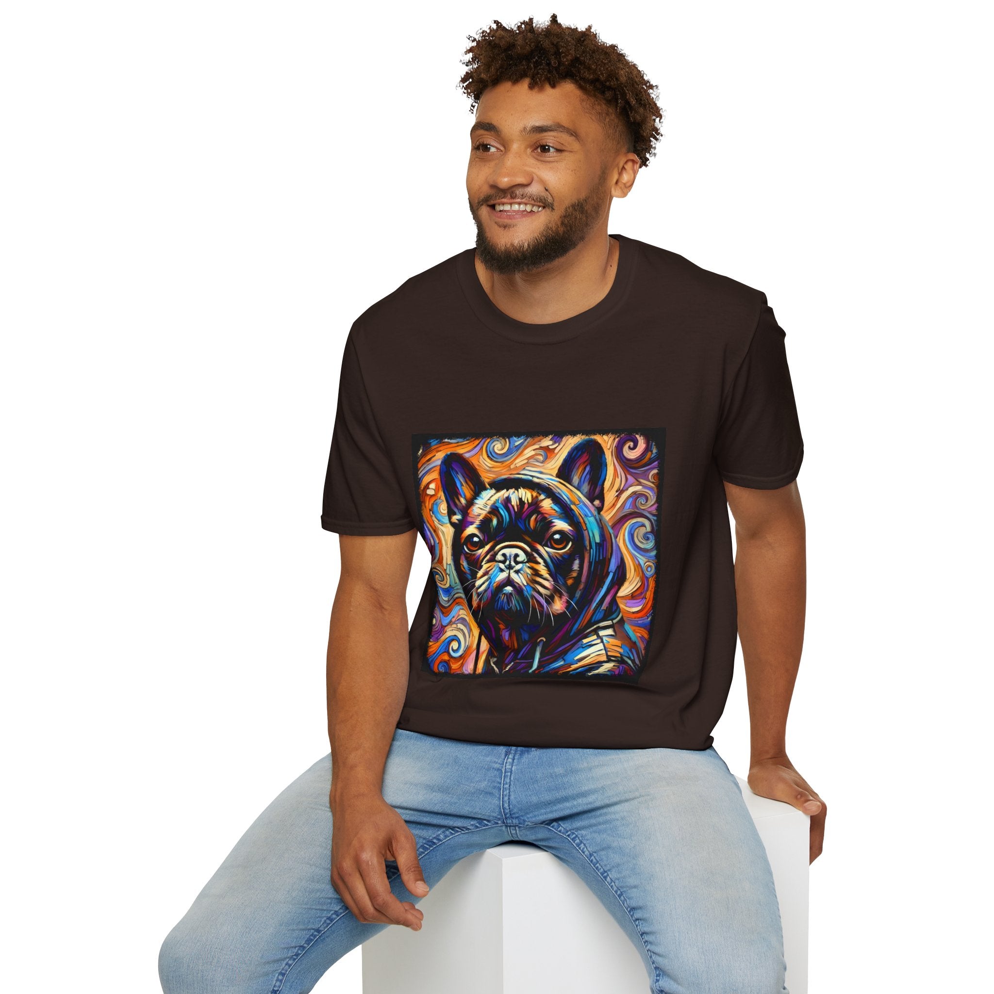 Male model in dark brown dog t-shirt featuring colorful French Bulldog in hoodie with vivid swirl background.