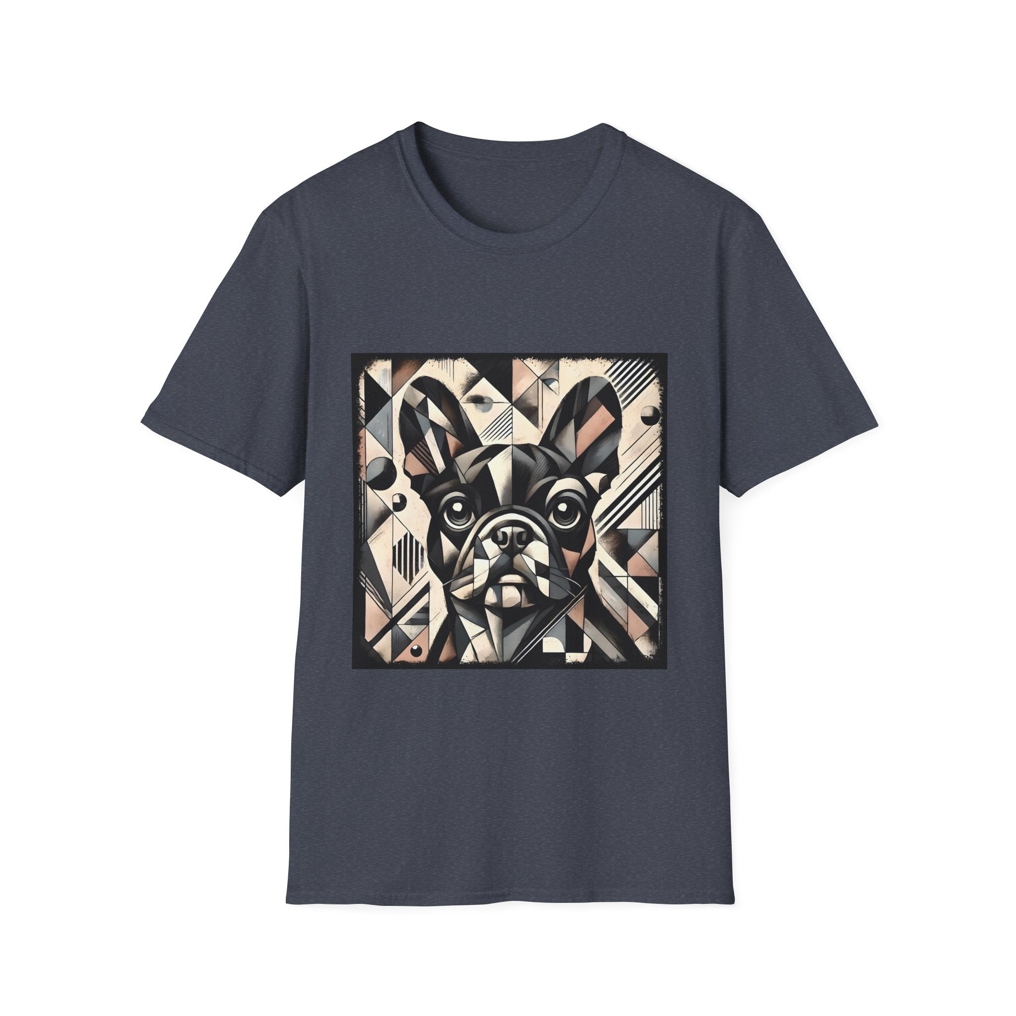 Heather navy dog t-shirt featuring geometric French Bulldog in cubist tones of black, beige, cream, and soft blush.