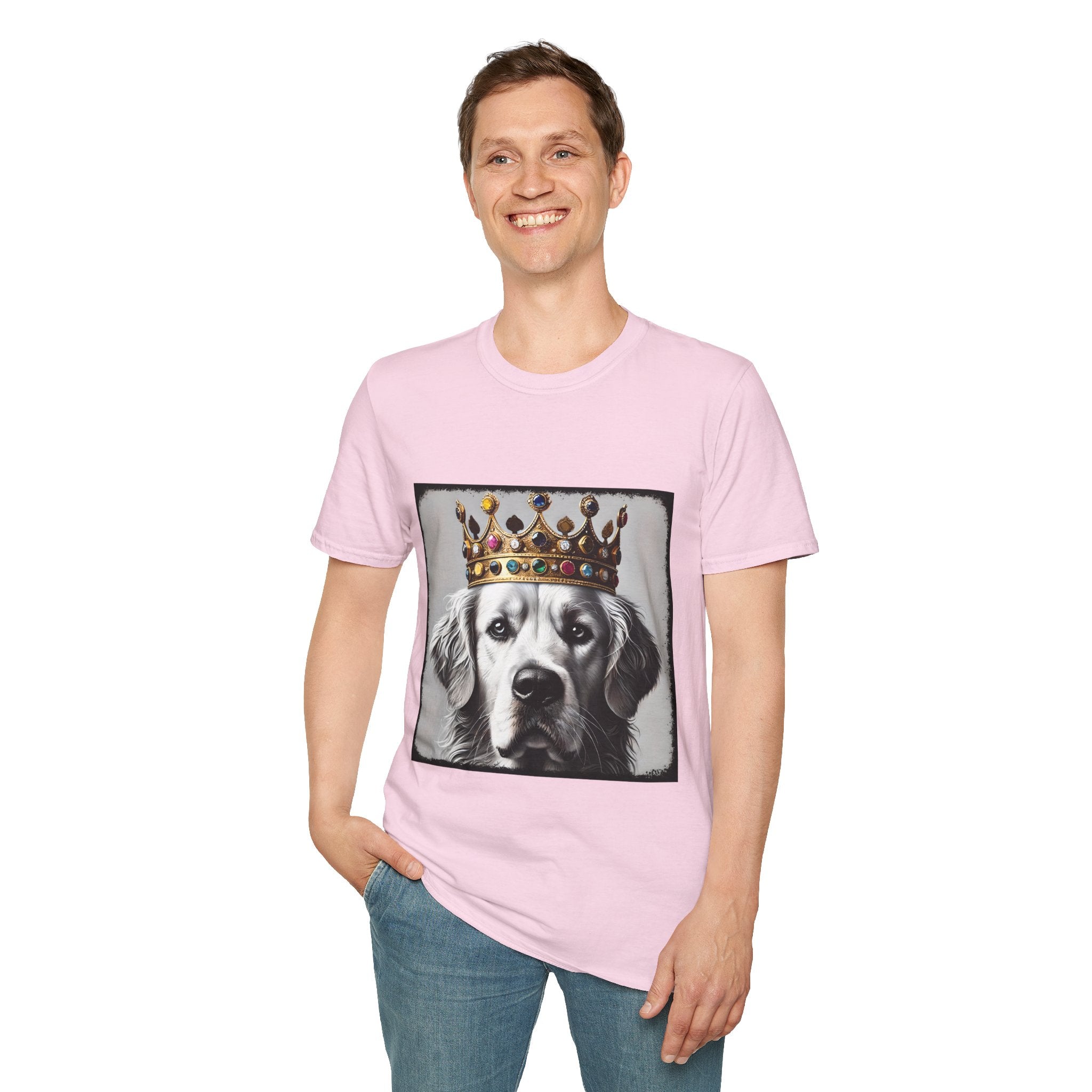 Male model in light pink dog t-shirt featuring a black-and-white golden retriever in jeweled crown on gray backdrop.