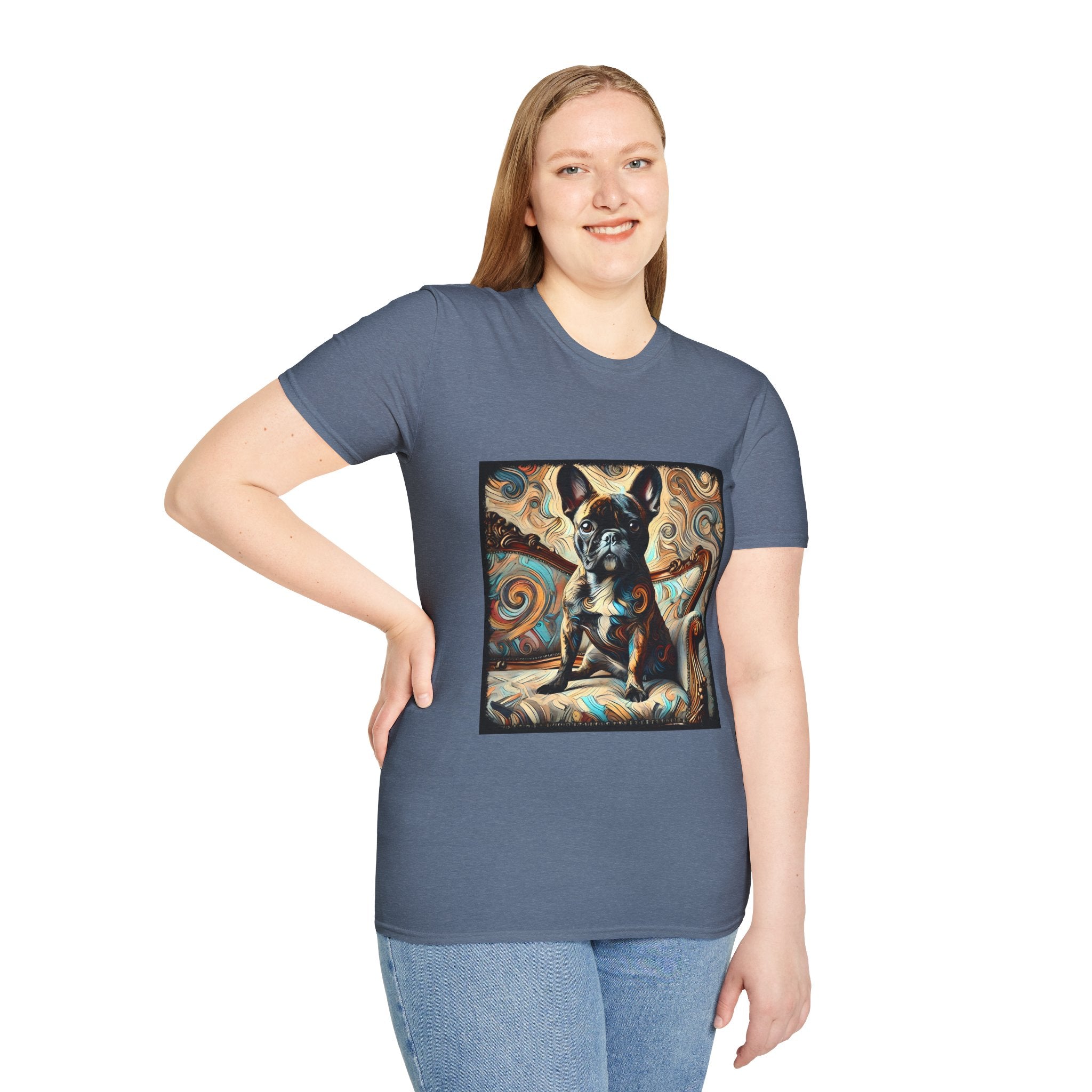 Female model in stone blue dog t-shirt featuring black and tan French Bulldog on ornate settee with swirling patterned background.