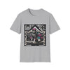 Sport gray dog t-shirt with black and white boxer in pink bow and varsity dress in pleated skirt, bold geometric black backdrop.
