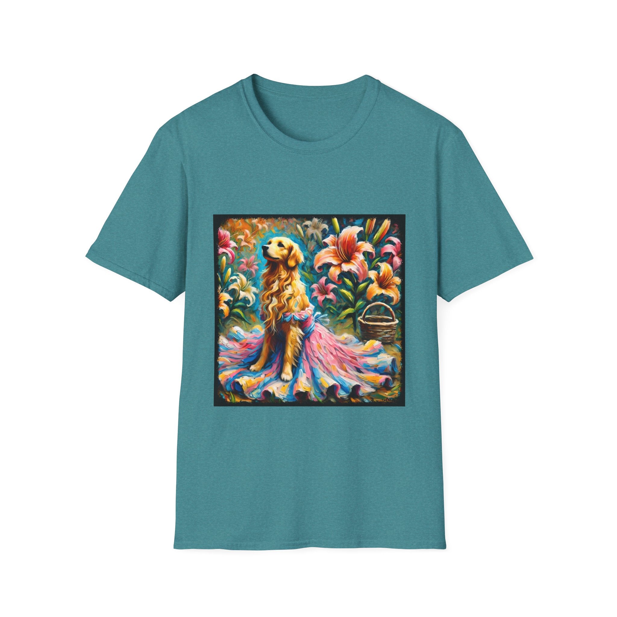 Teal dog t-shirt featuring golden retriever in pink-and-purple gown surrounded by vibrant tropical flowers.