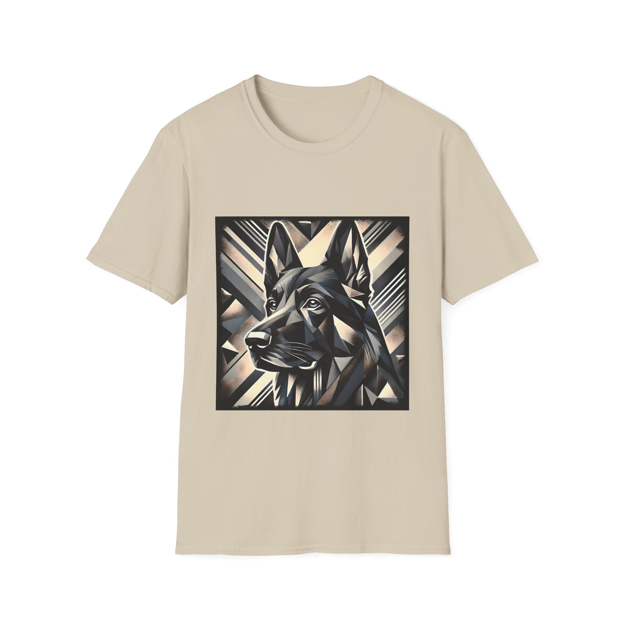 The German Shepherd Geometric | Unisex Dog T-Shirt  features a stylish geometric abstract German Shepherd design in black, gray, and beige within a square frame—perfect for fans of unique dog-themed shirts and modern geometric art.