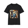 Black dog t-shirt with boxer in denim ruffle dress, blue bow, diamond collar, and abstract gem background.