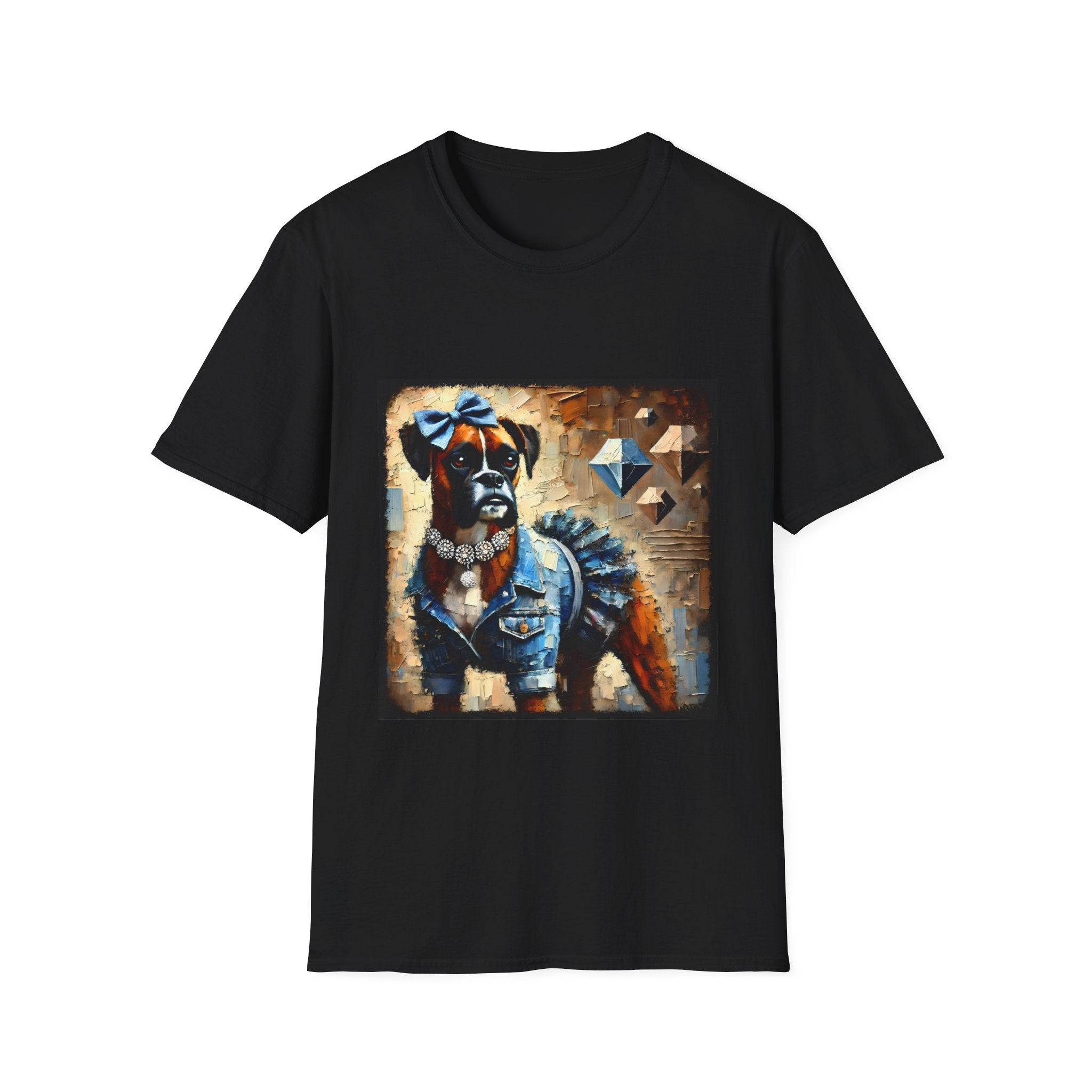 Black dog t-shirt with boxer in denim ruffle dress, blue bow, diamond collar, and abstract gem background.