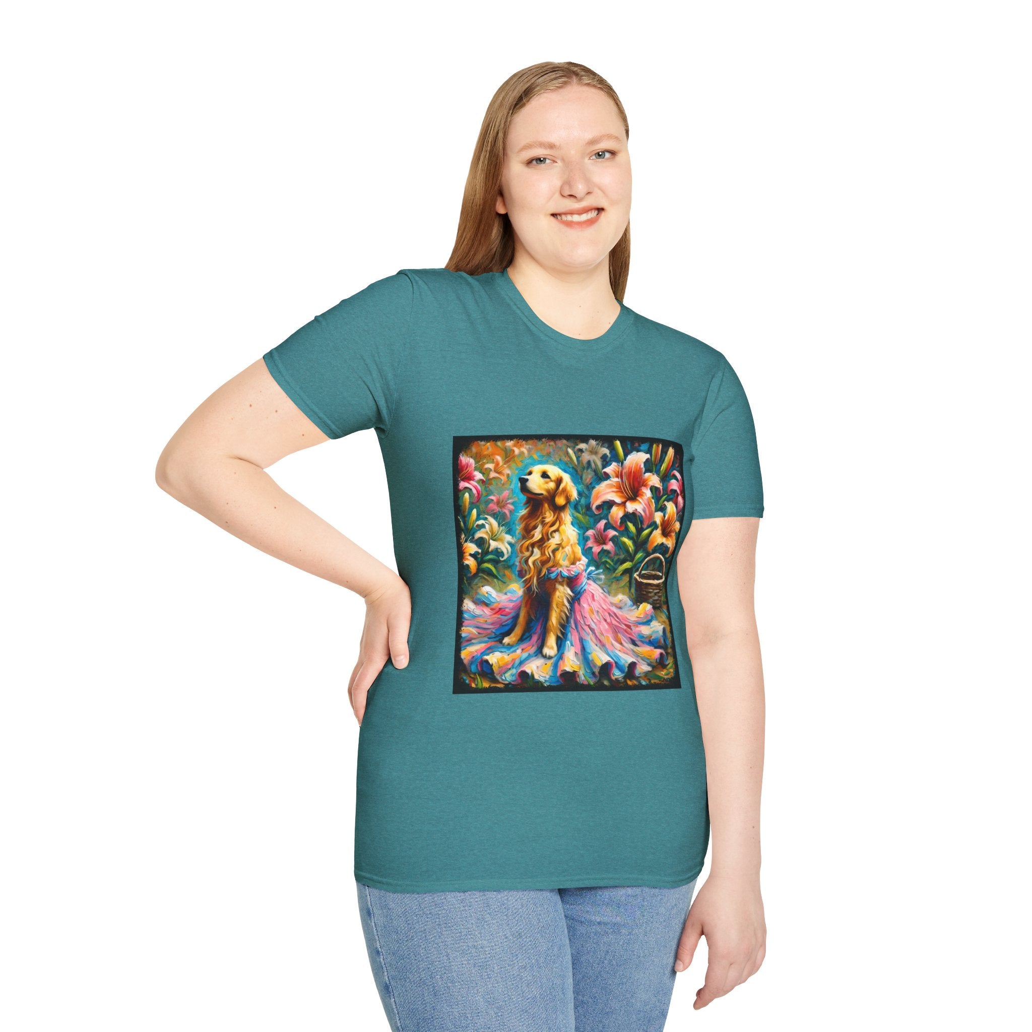 Female model in teal dog t-shirt featuring golden retriever in pink-and-purple gown surrounded by vibrant tropical flowers.