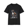 Black dog t-shirt featuring standing boxer on platform with black background and dramatic lighting.
