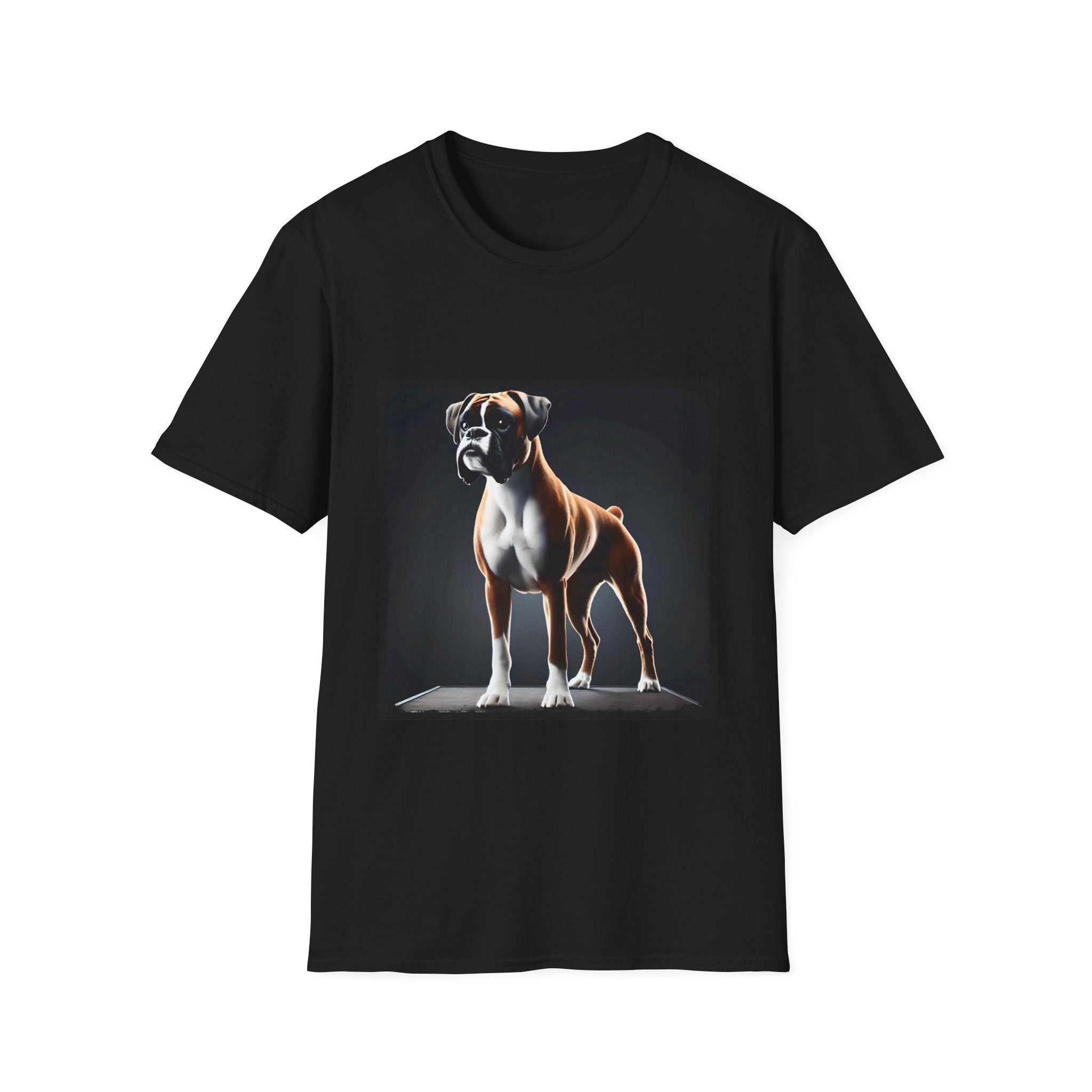 Black dog t-shirt featuring standing boxer on platform with black background and dramatic lighting.