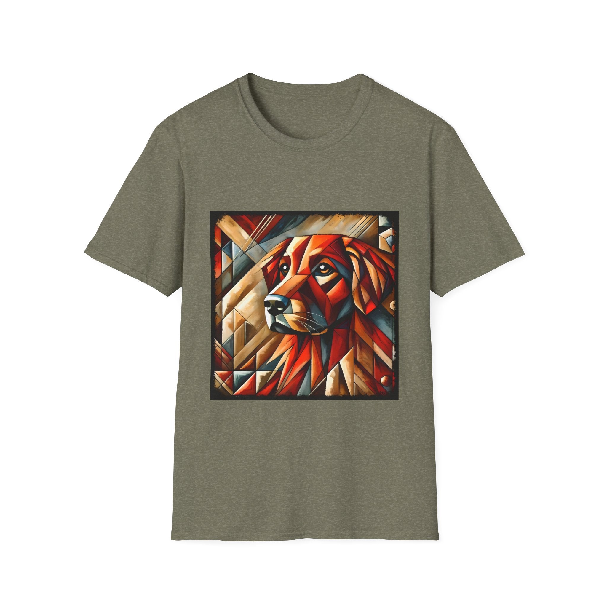Heather military green dog t-shirt featuring red geometric golden retriever portrait in cubist style with bold angles.