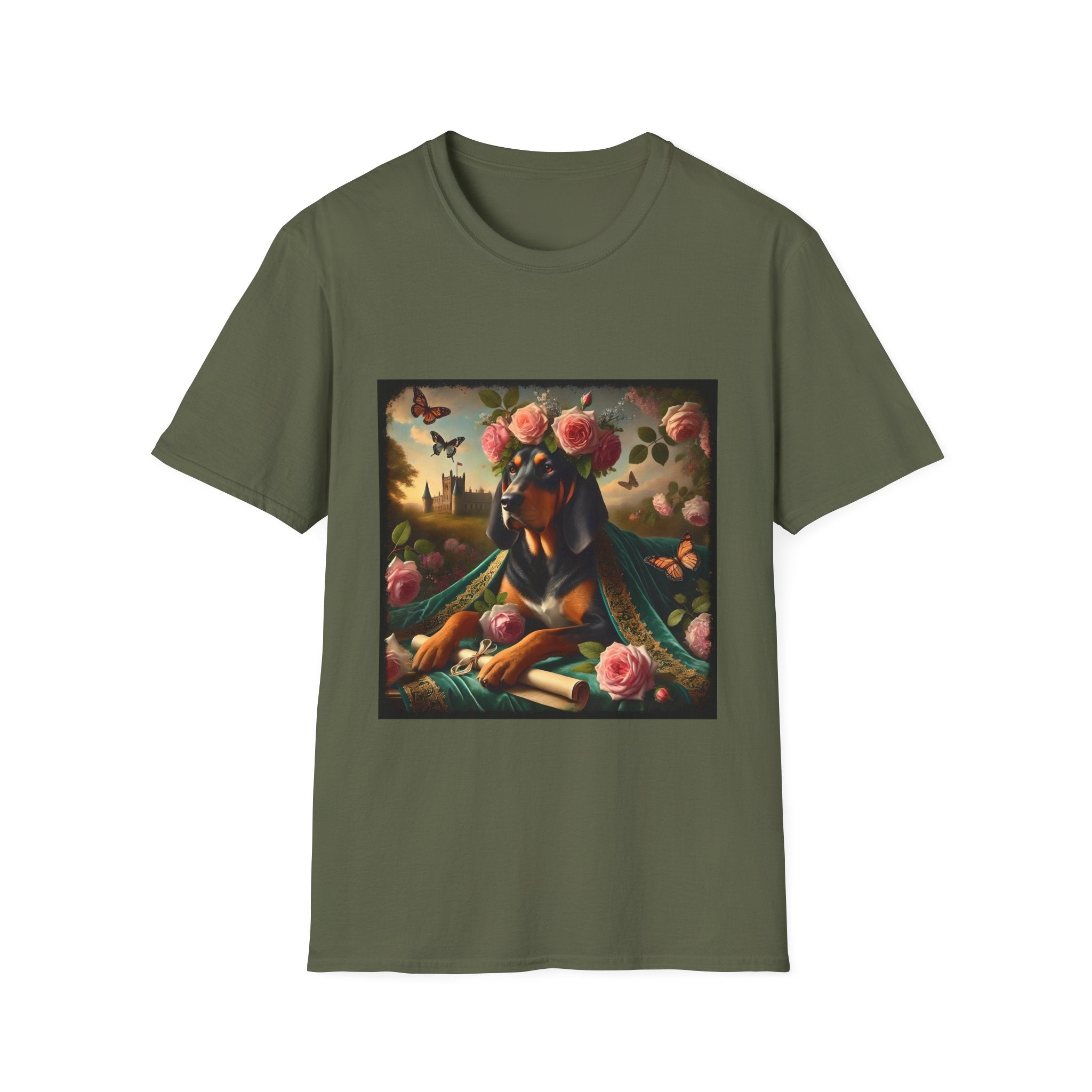 Military green dog t-shirt featuring coonhound in rose garden wearing green embroidered cape and crown of pink flowers.