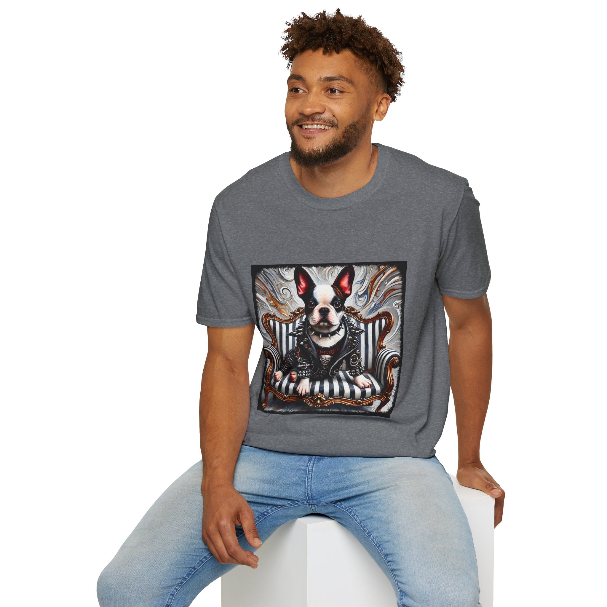 Male model in graphite gray dog t-shirt featuring Boston Terrier in leather studded jacket on striped chair with metallic swirl background.