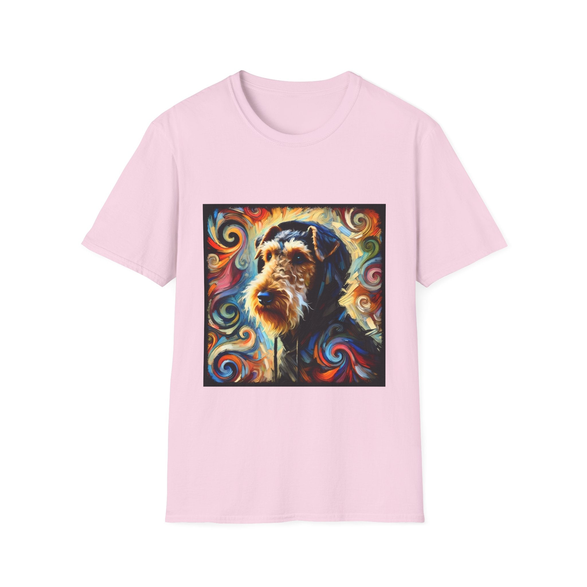 Light pink dog t-shirt with Airedale terrier in hoodie and vibrant multicolor swirl background.