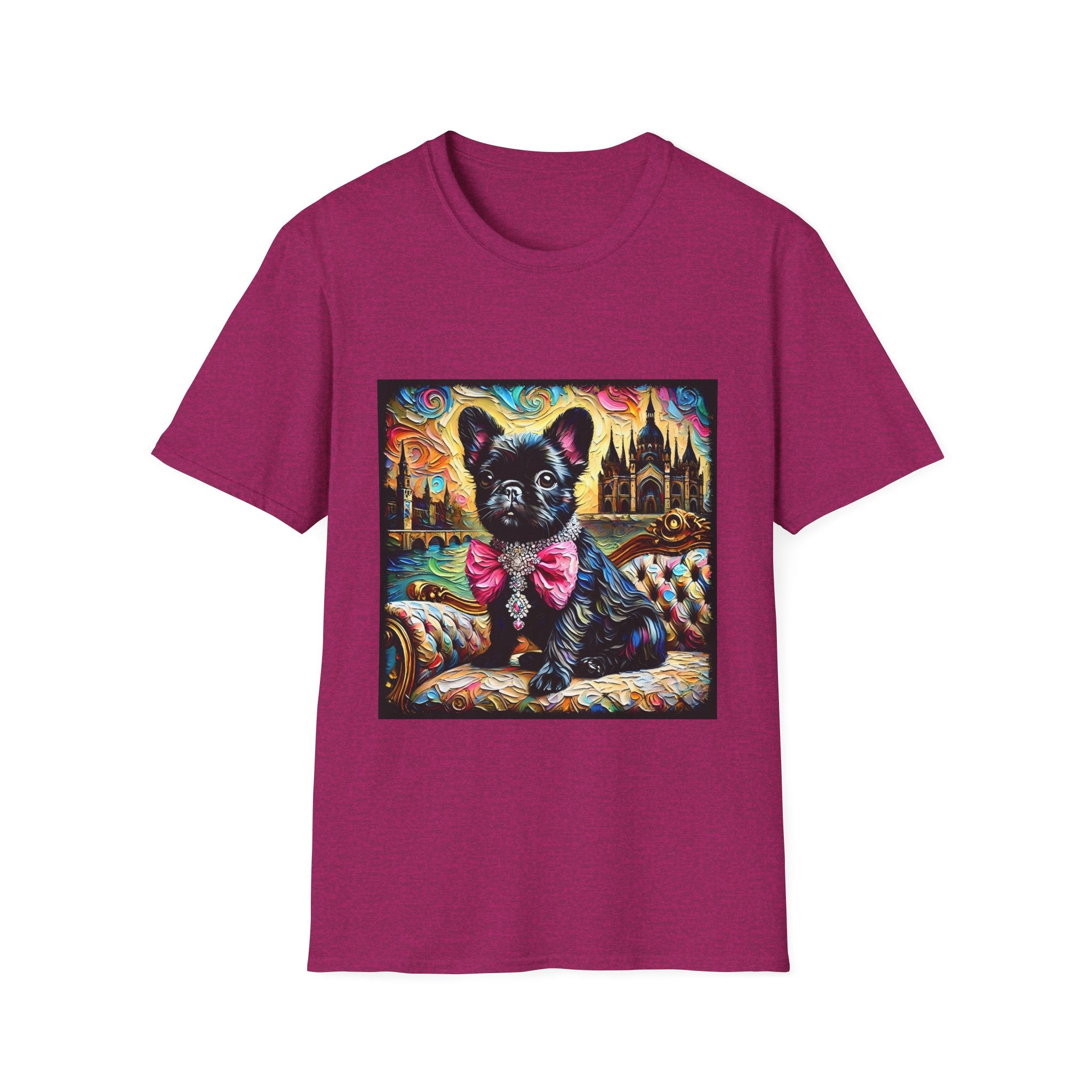 Antique heliconia dog t-shirt featuring black French Bulldog with jeweled pink bow, sitting on patterned settee, vivid castle swirl background.