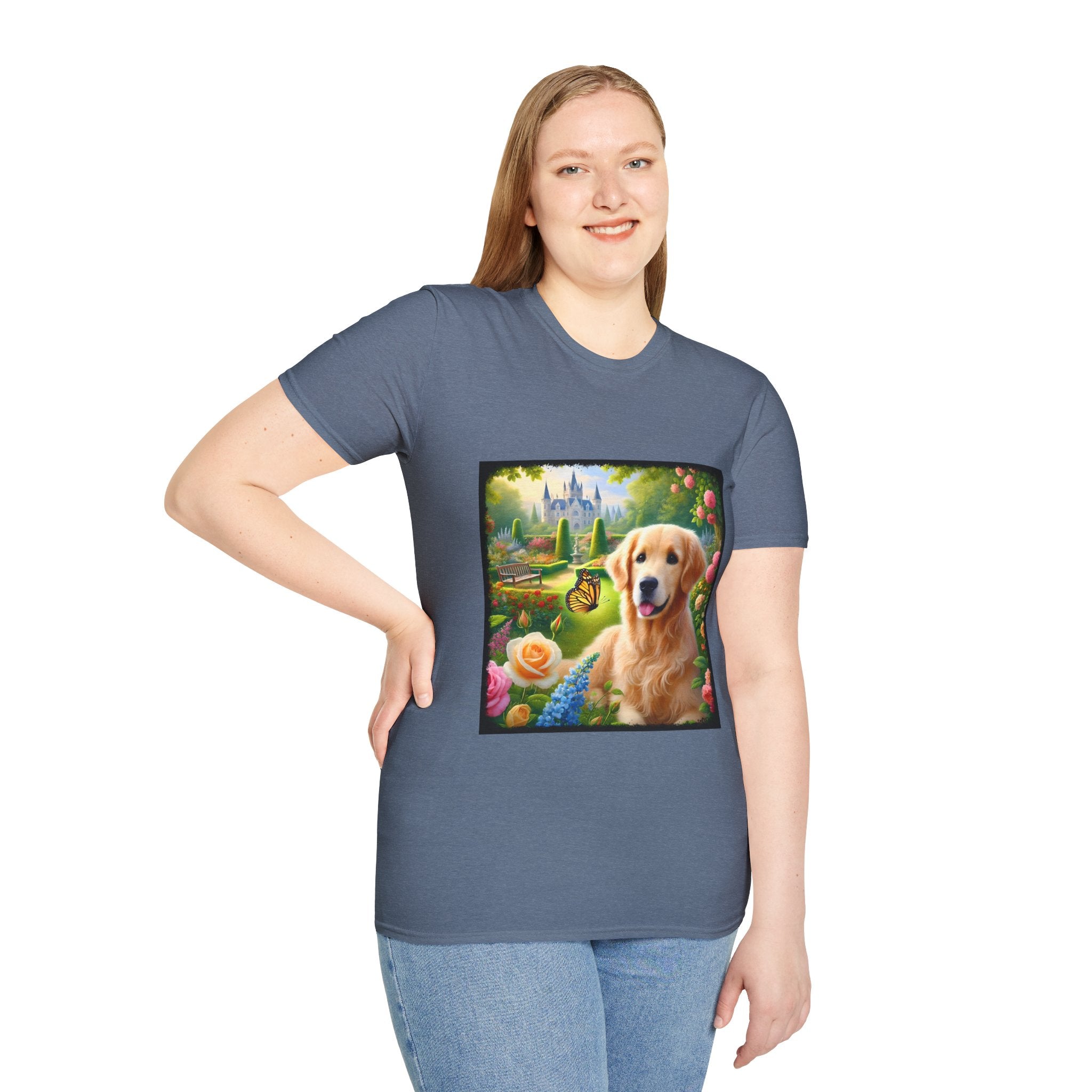 Female model wears heather indigo dog t-shirt featuring a golden retriever in a vibrant castle garden with blooming roses and a butterfly.