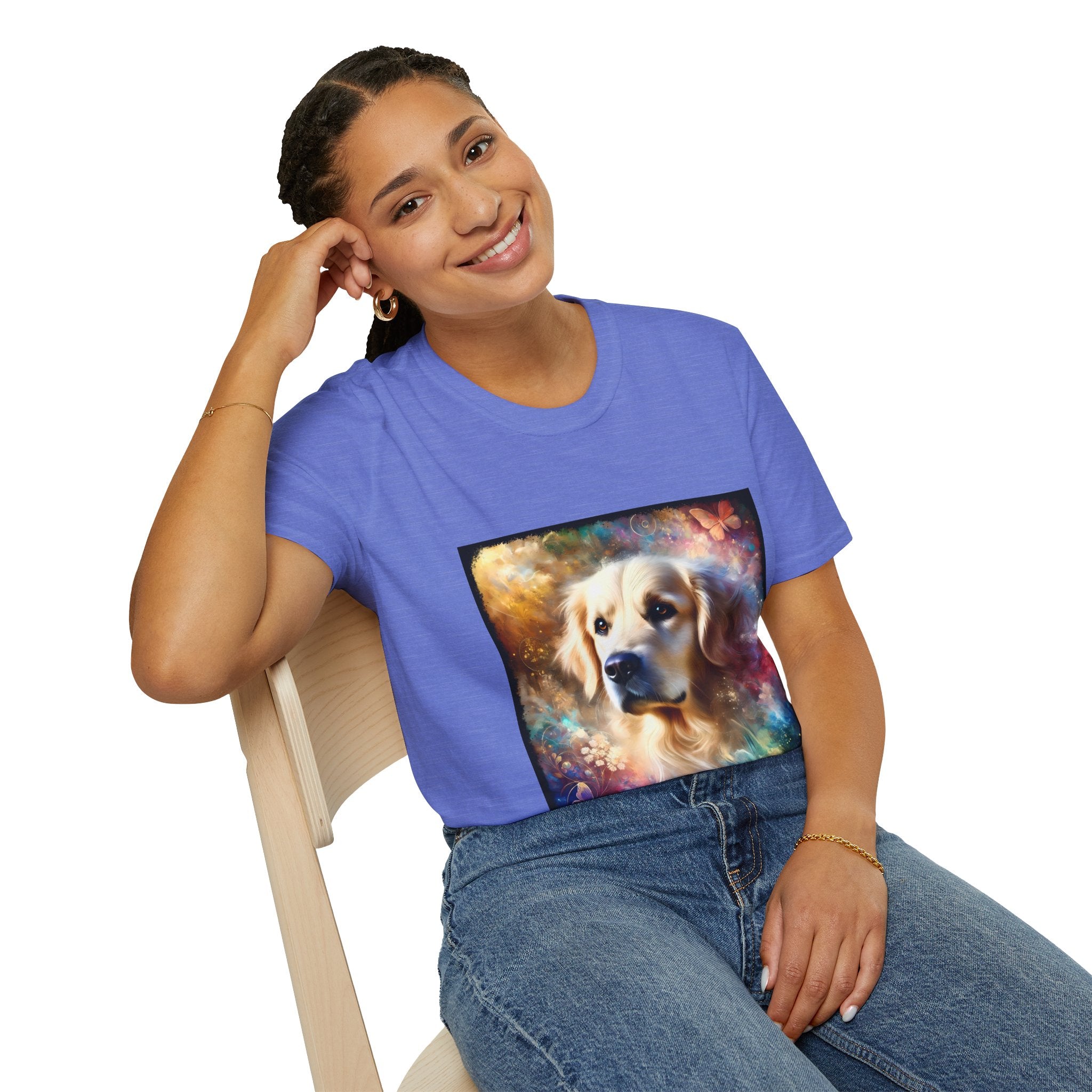 Female model in heather royal dog t-shirt with golden retriever portrait, soft fur, butterflies, and dreamy pastel colors.