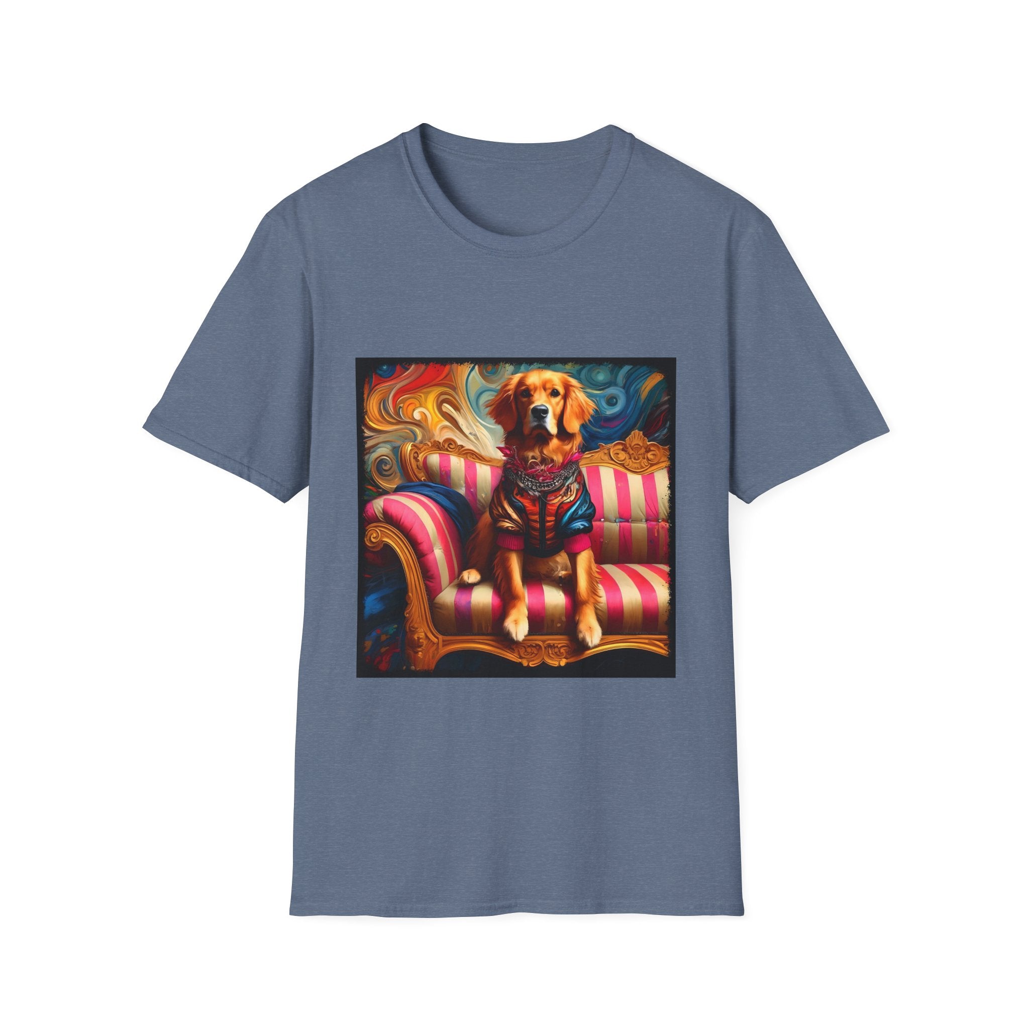 Heather indigo dog t-shirt with golden retriever in regal jacket on pink striped settee, swirled backdrop.