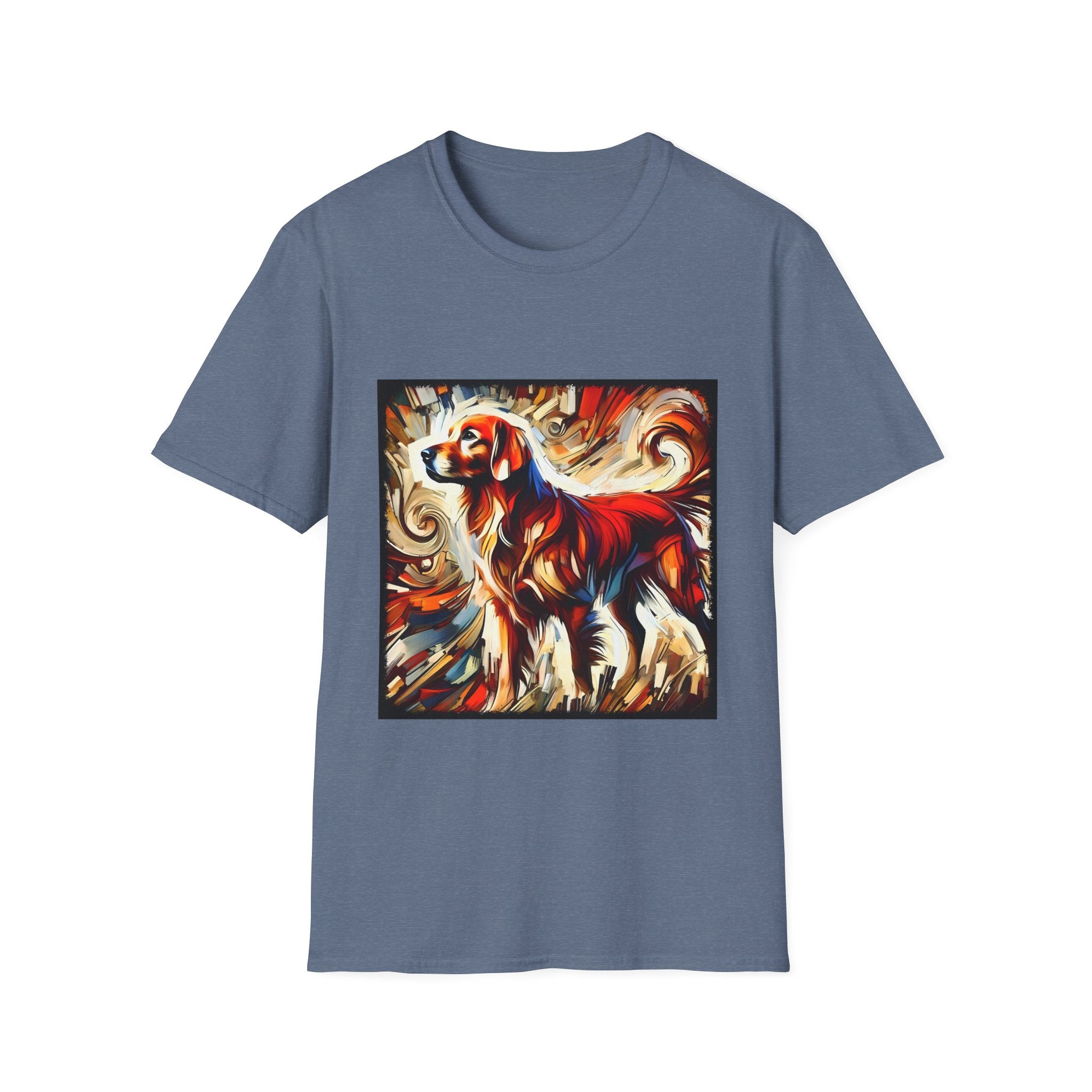 Heather indigo dog t-shirt with golden retriever in red coat, abstract swirl background in bold warm tones.