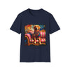 Navy dog t-shirt with golden retriever in regal jacket on pink striped settee, swirled backdrop.