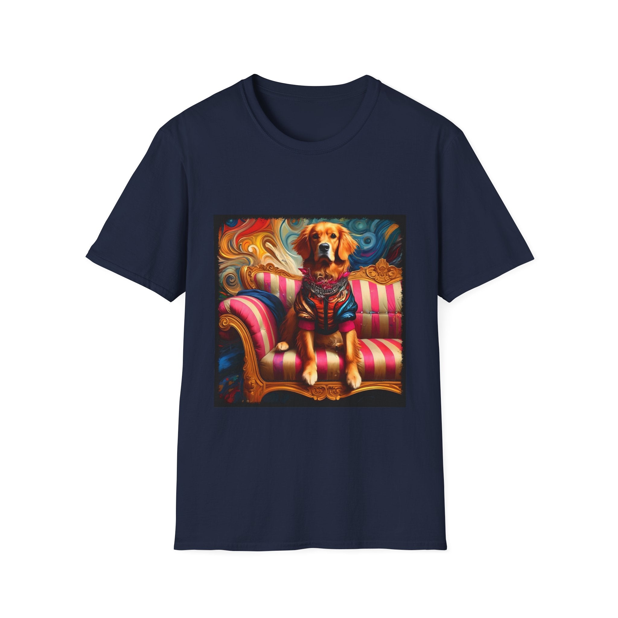 Navy dog t-shirt with golden retriever in regal jacket on pink striped settee, swirled backdrop.