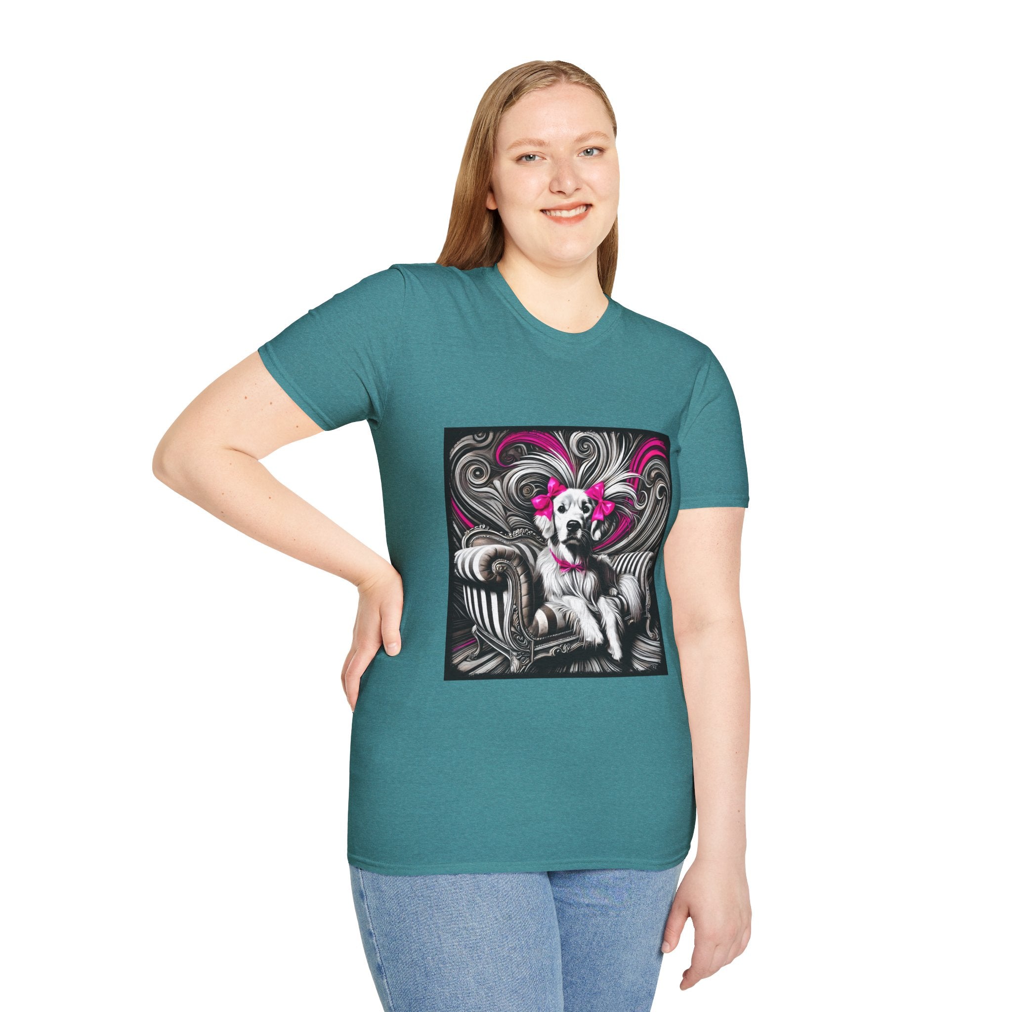 Female model in teal dog t-shirt featuring black-and-white art of retriever with pink bows and swirling accents.