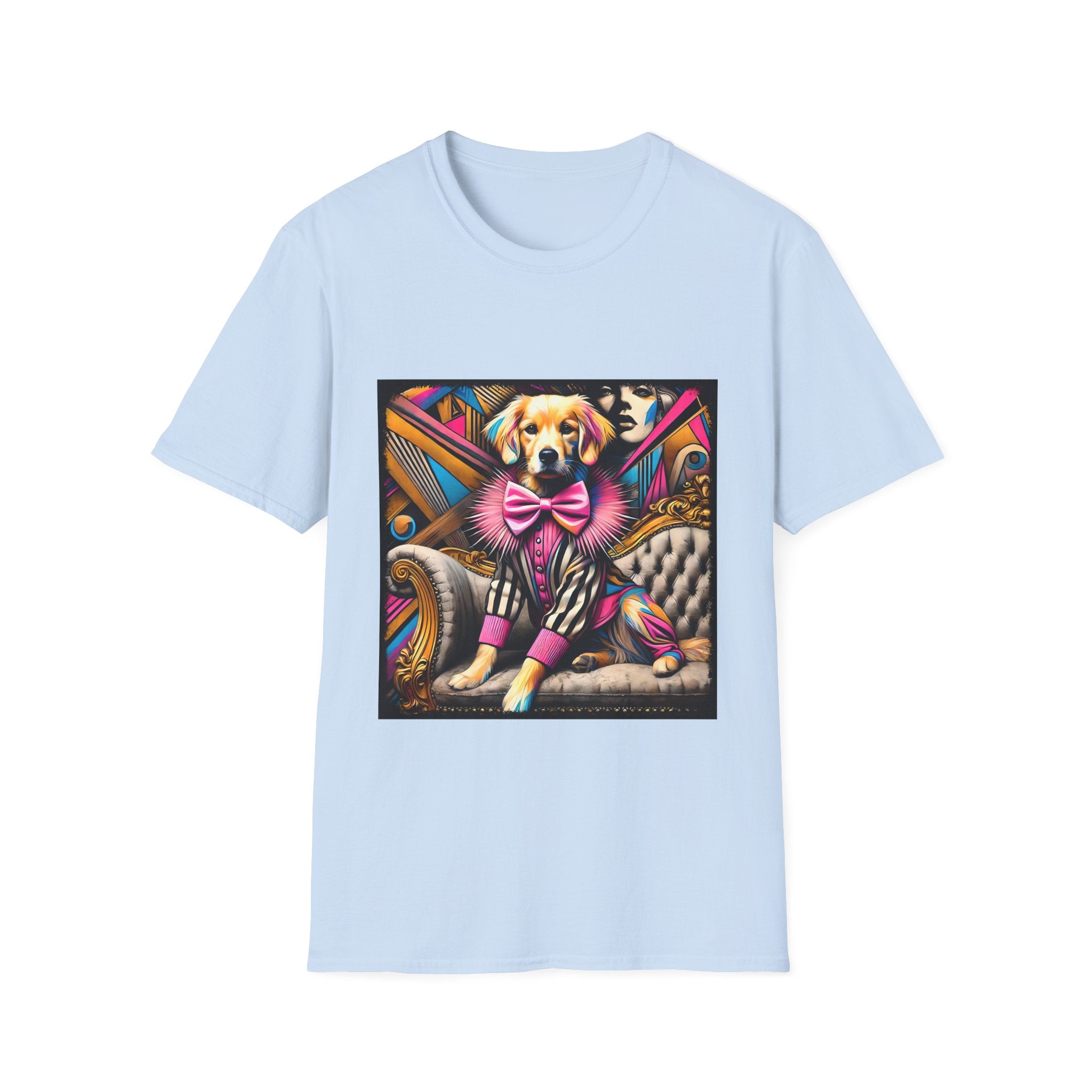 Light blue dog t-shirt with golden retriever in striped outfit and pink bow on bold pop-art settee.